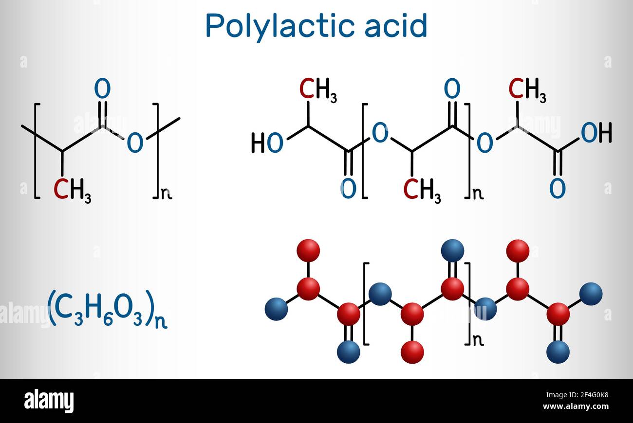 Polymilchsäure, Polylaktid, PLA-Molekül. Es ist Polymer, Biokunststoff,  thermoplastisches Polyester. Strukturelle chemische Formel und  Molekülmodell. Vektor Stock-Vektorgrafik - Alamy