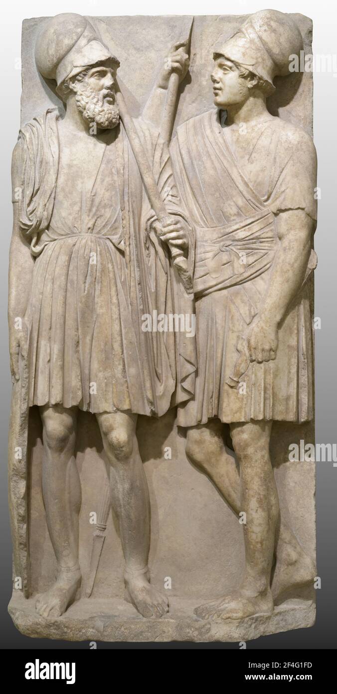 Stele mit zwei Kriegern des Bosporanischen Königreichs. Südrussland, 3rd Viertel des 4th. Jahrhunderts v. Chr. Marmor. Stockfoto