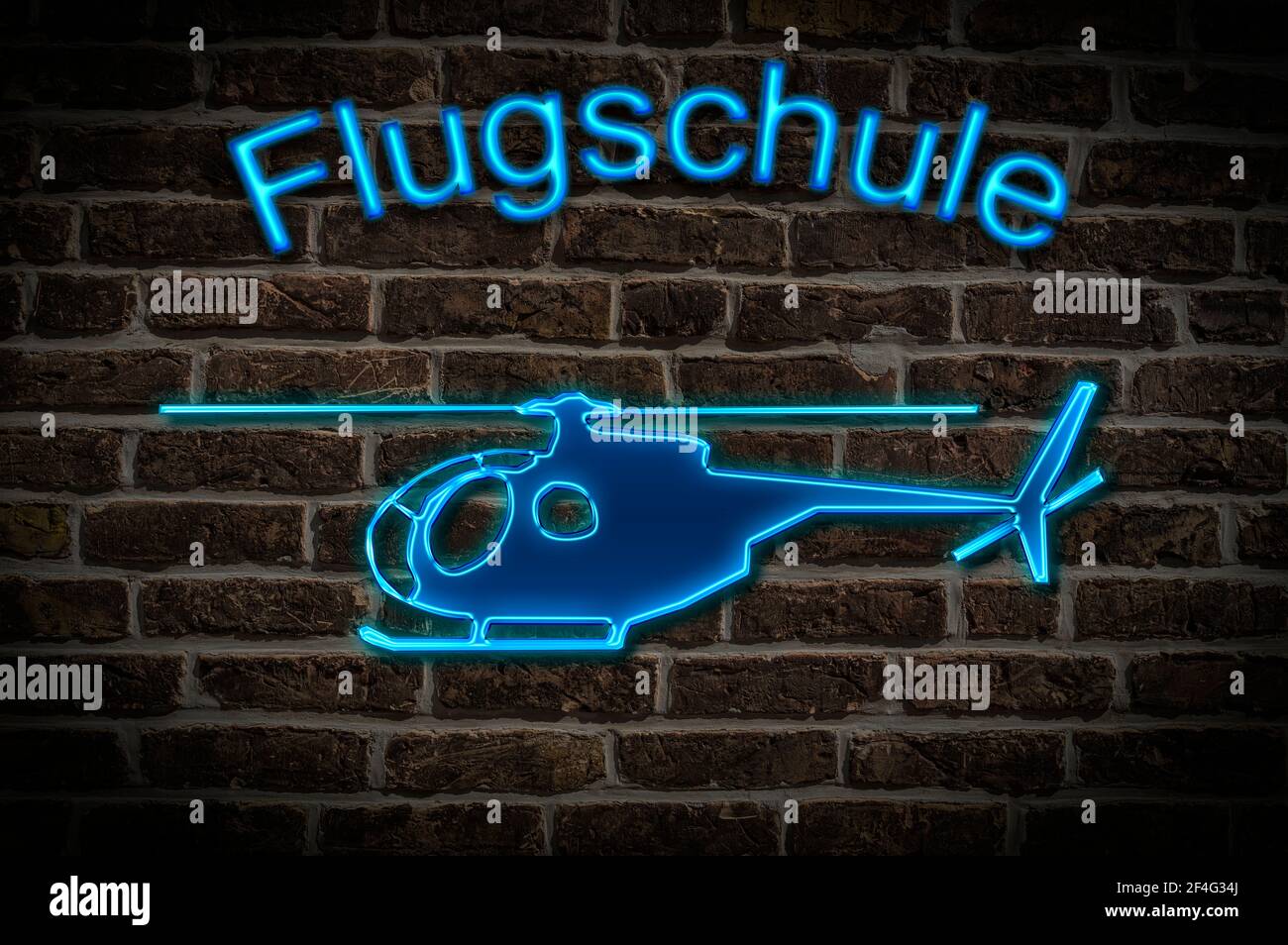 Leuchtreklame for a Flugschule a Hubrauber confind than the Neon-Schrift Leuchtwerbung für eine Flugschule ein Helicopt Stockfoto