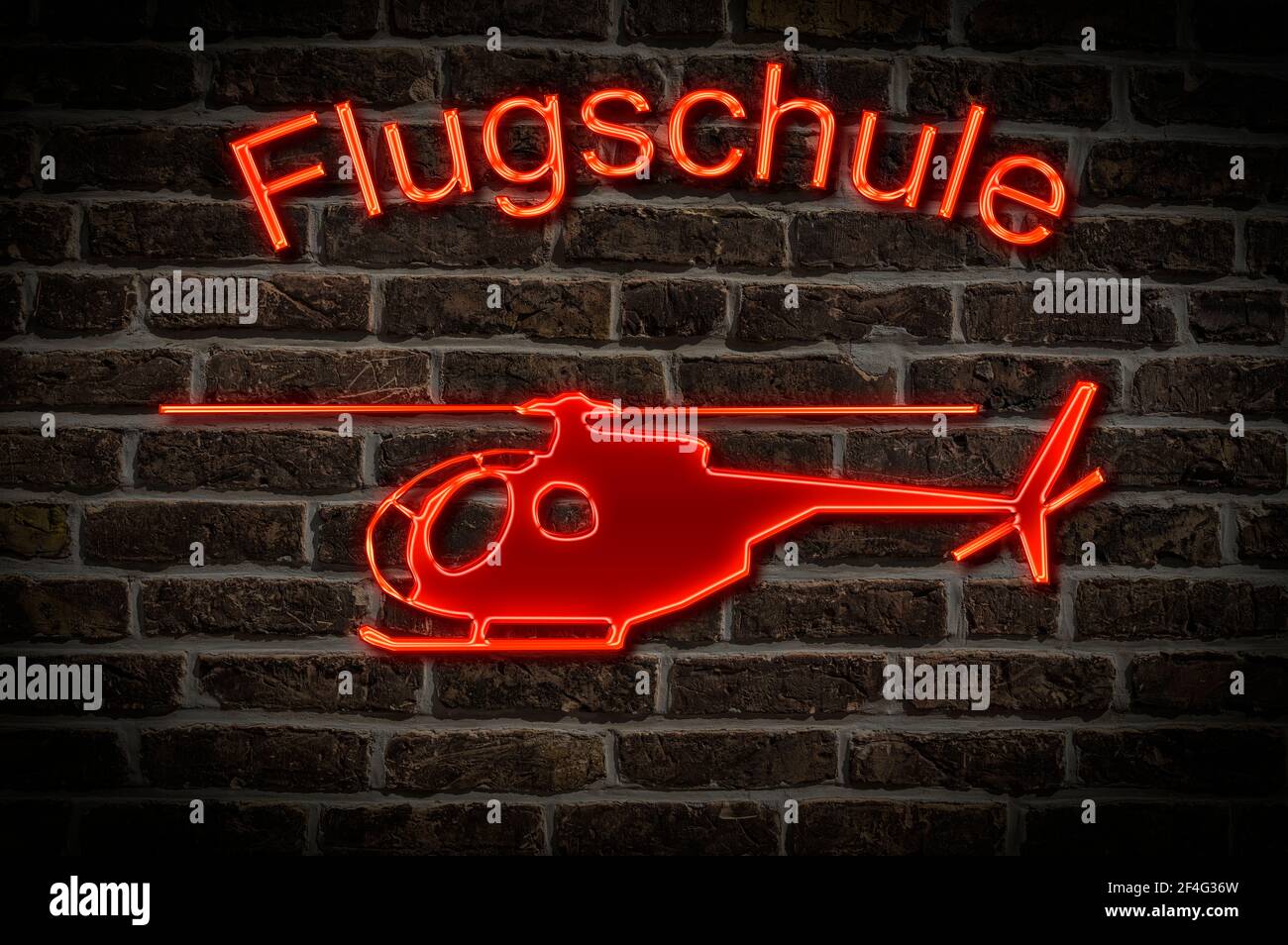 Leuchtreklame for a Flugschule a Hubrauber confind than the Neon-Schrift Leuchtwerbung für eine Flugschule ein Helicopt Stockfoto