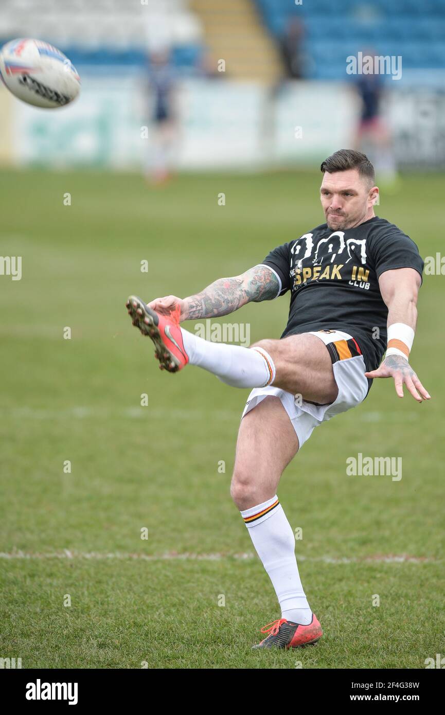 Featherstone, England - 21st. März 2021 - Danny Brough von Bradford Bulls Üben Kicks vor der Rugby League Betfred Challenge Cup Runde 1 Spiel zwischen Featherstone Rovers vs Bradford Bulls im Millenium Stadium, FeatherstoneUK Dean Williams/Alamy Live News Stockfoto