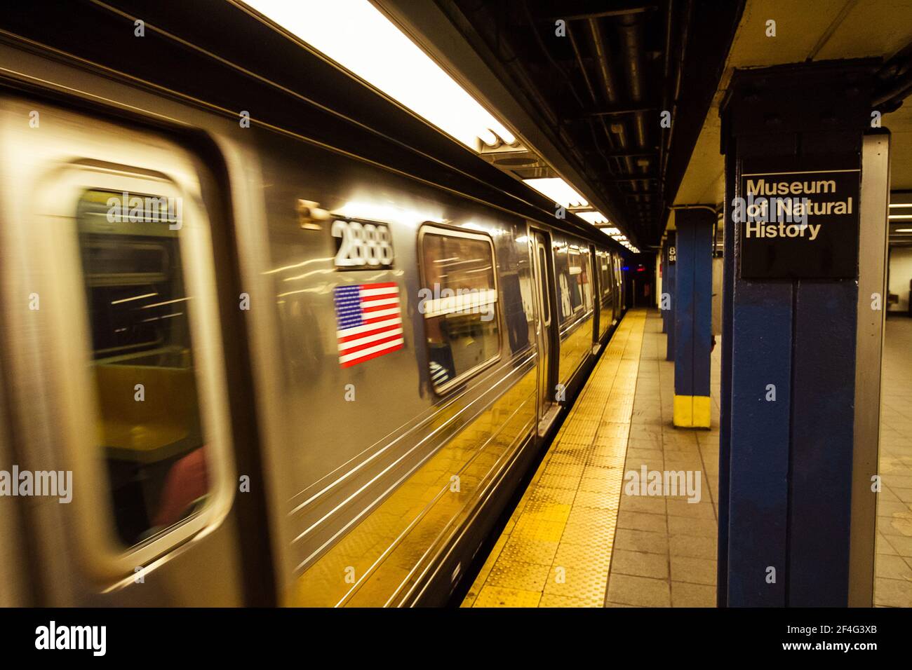 Verschwommene, sich bewegende U-Bahn am Bahnsteig des Museums von Natural History Station Stockfoto