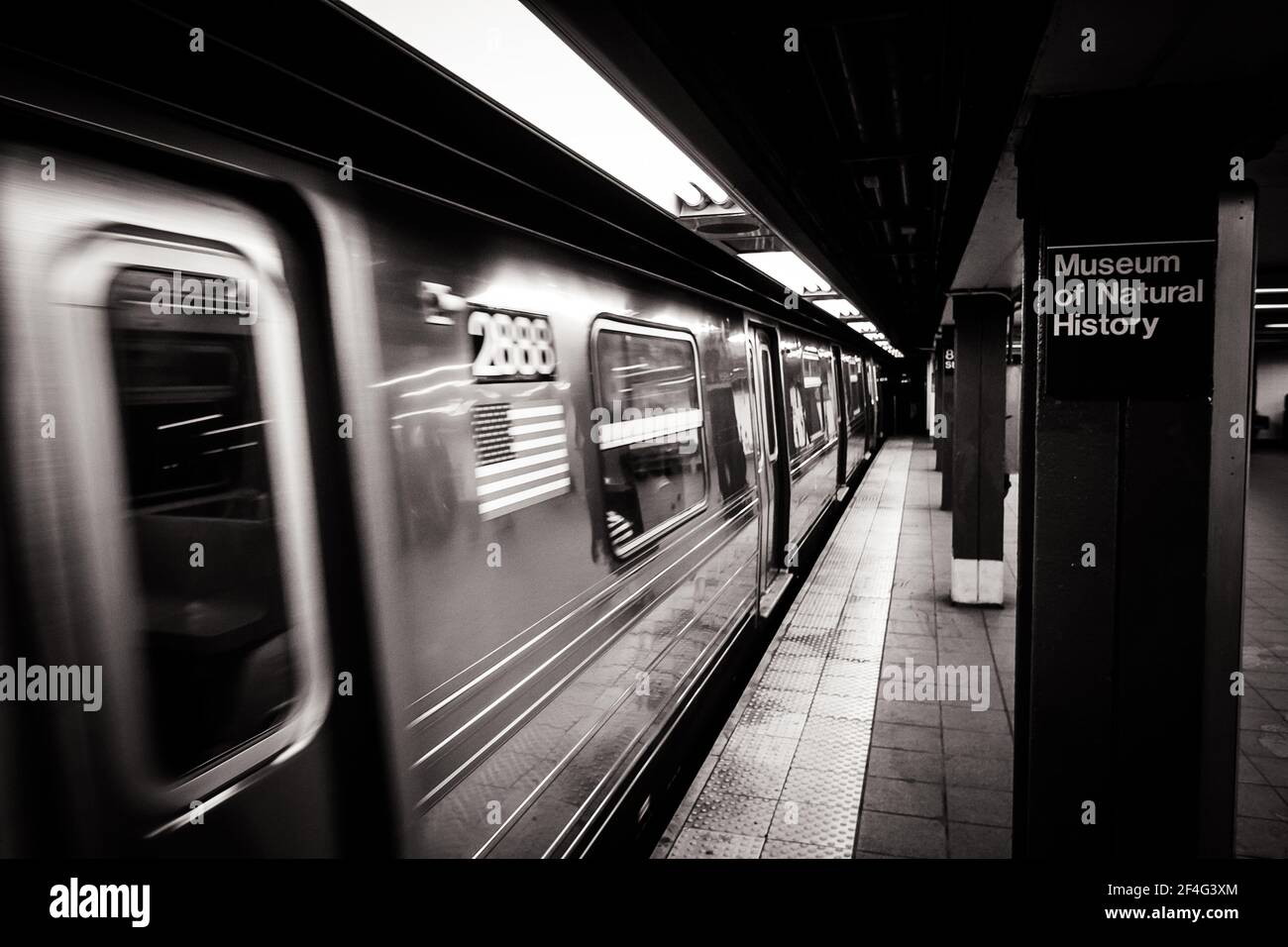 Schwarz-Weiß-Bild einer sich bewegenden U-Bahn am Museum of Natural History Station Stockfoto