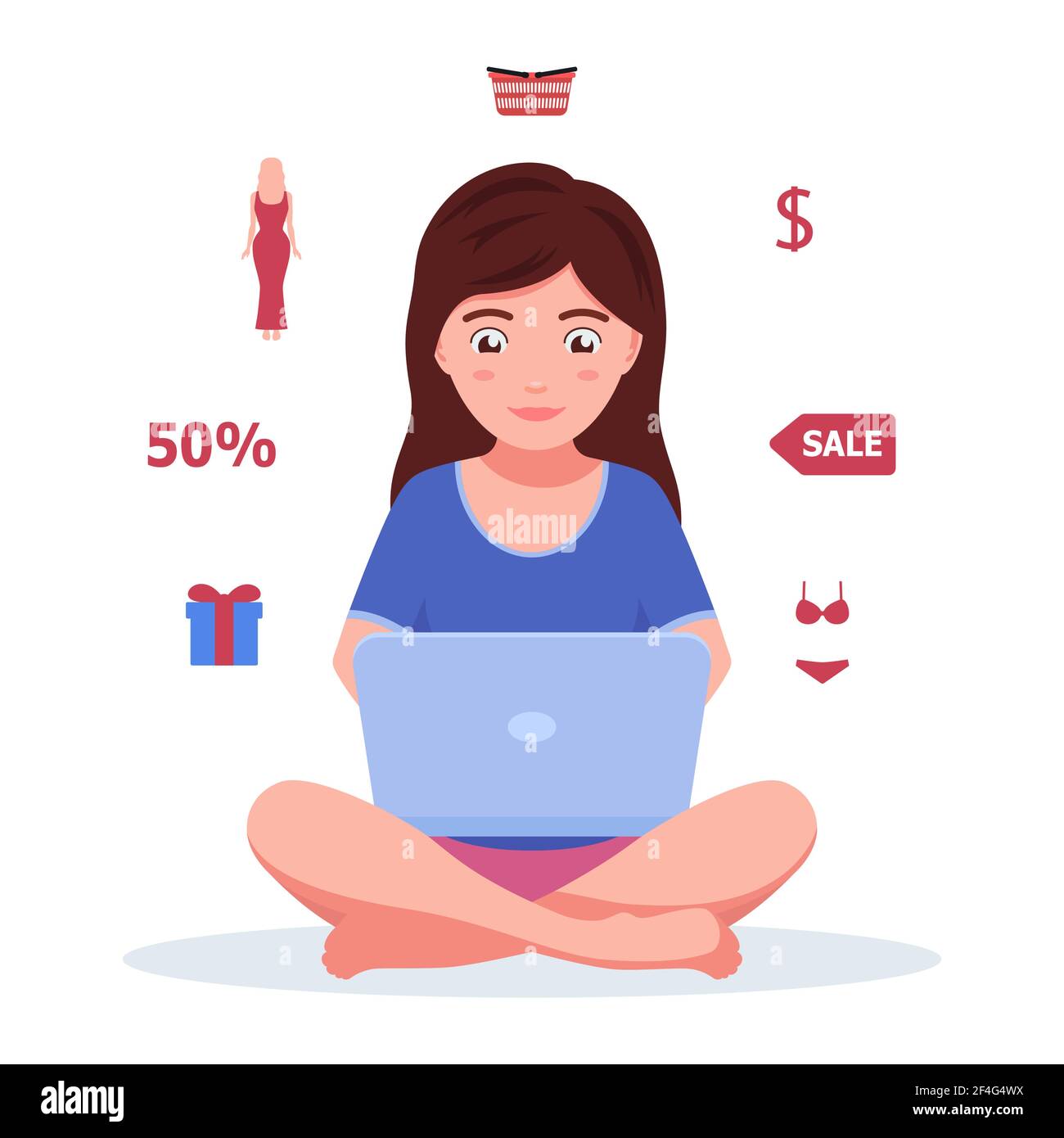 Mädchen mit einem Laptop auf der Suche nach Online-Shopping. Vektor-Illustration junge schöne Mädchen auf der Suche nach Rabatten und tun Online-Shopping in einem Interna Stock Vektor