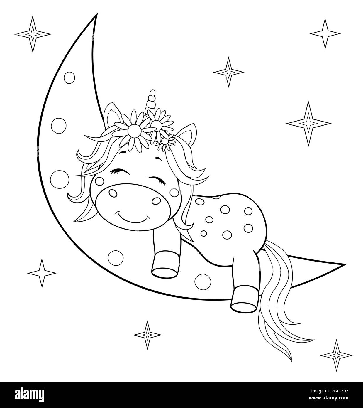 Ein kleines Einhorn mit Mähne und Schwanz schläft auf dem Mond. Skizze in Konturen zum Einfärben. Stock Vektor