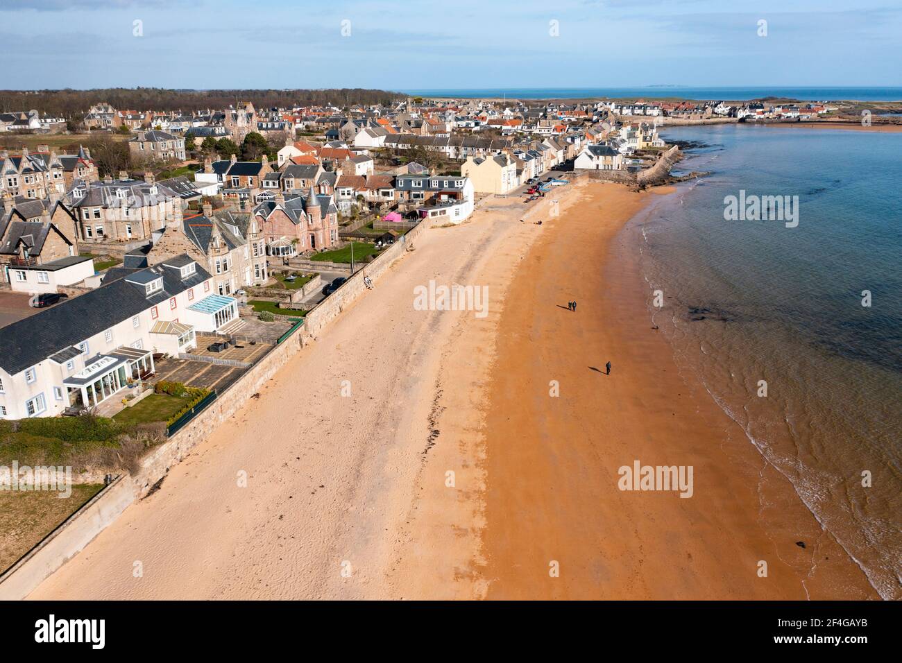 Luftaufnahme des Strandes von Elie am East Neuk of Fife, in Schottland, Großbritannien Stockfoto