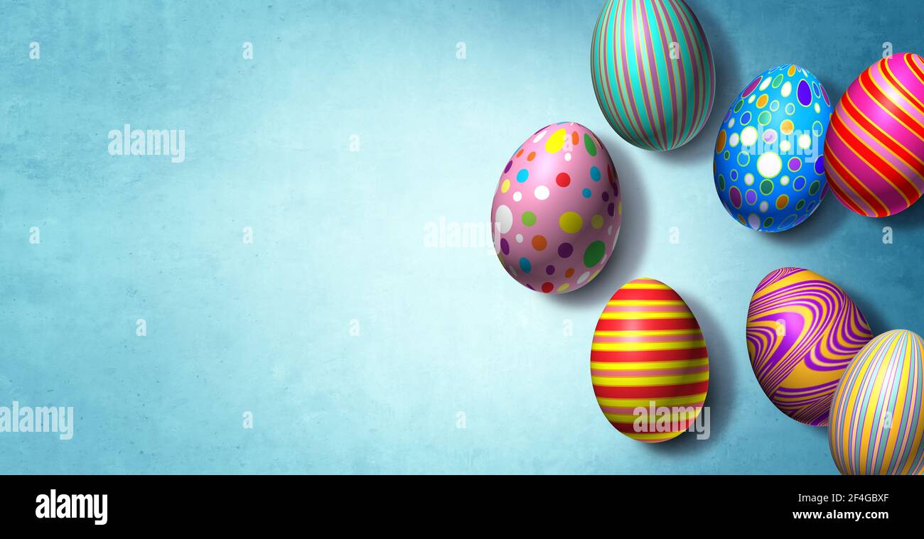 Osterzeit-Banner mit Textbereich oder Kopierraum als Ei Feier Hintergrund mit einer Gruppe von olorful verzierten Eier als Frühlingstradition. Stockfoto