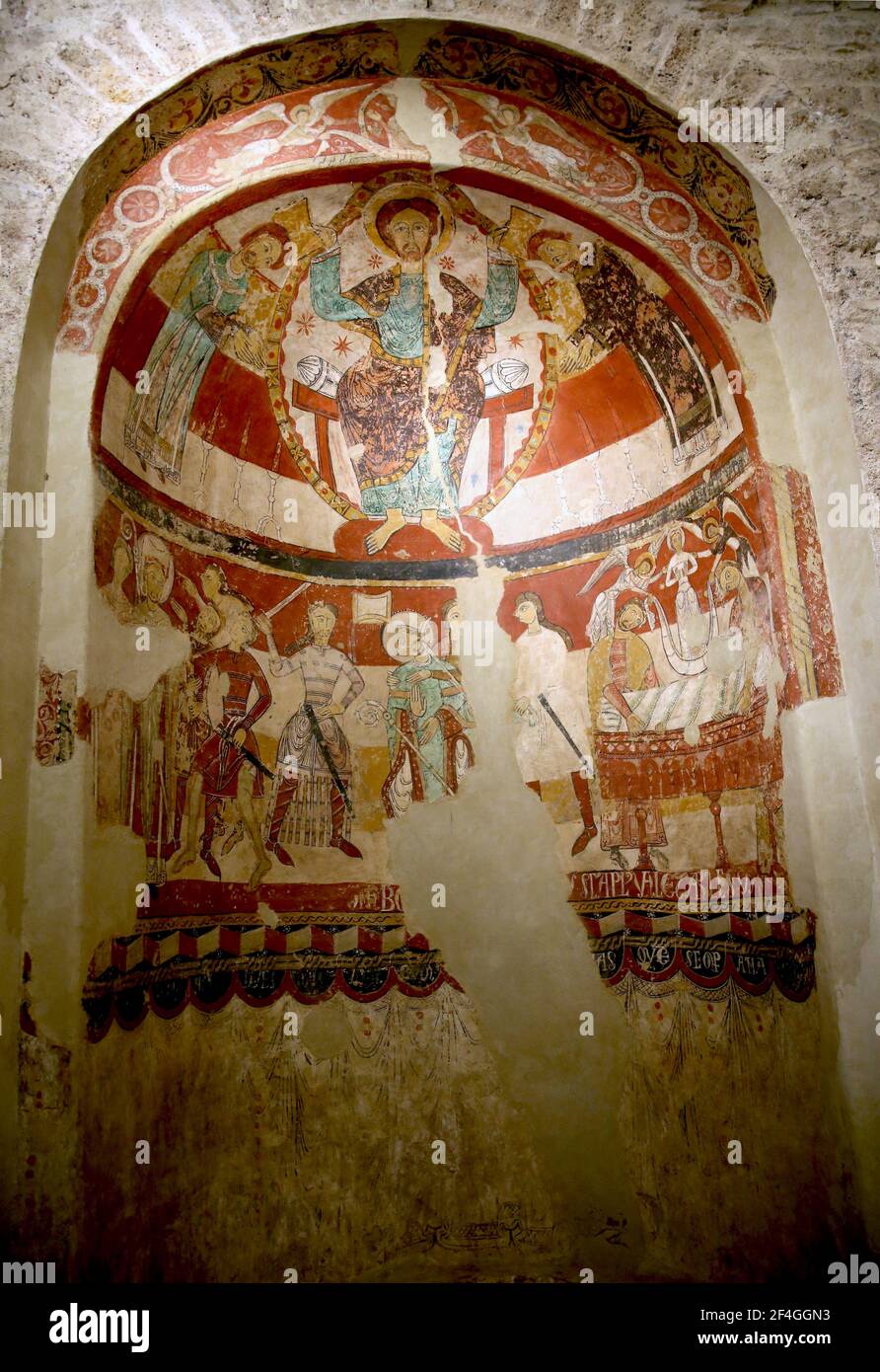 Martyrium von Thomas Becket (1170) Fresko Malerei. Romanische Kunst, 12th- 13th Jahrhunderte. Kirche der Heiligen Maria von Terrassa. Katalonien, Spanien. Stockfoto