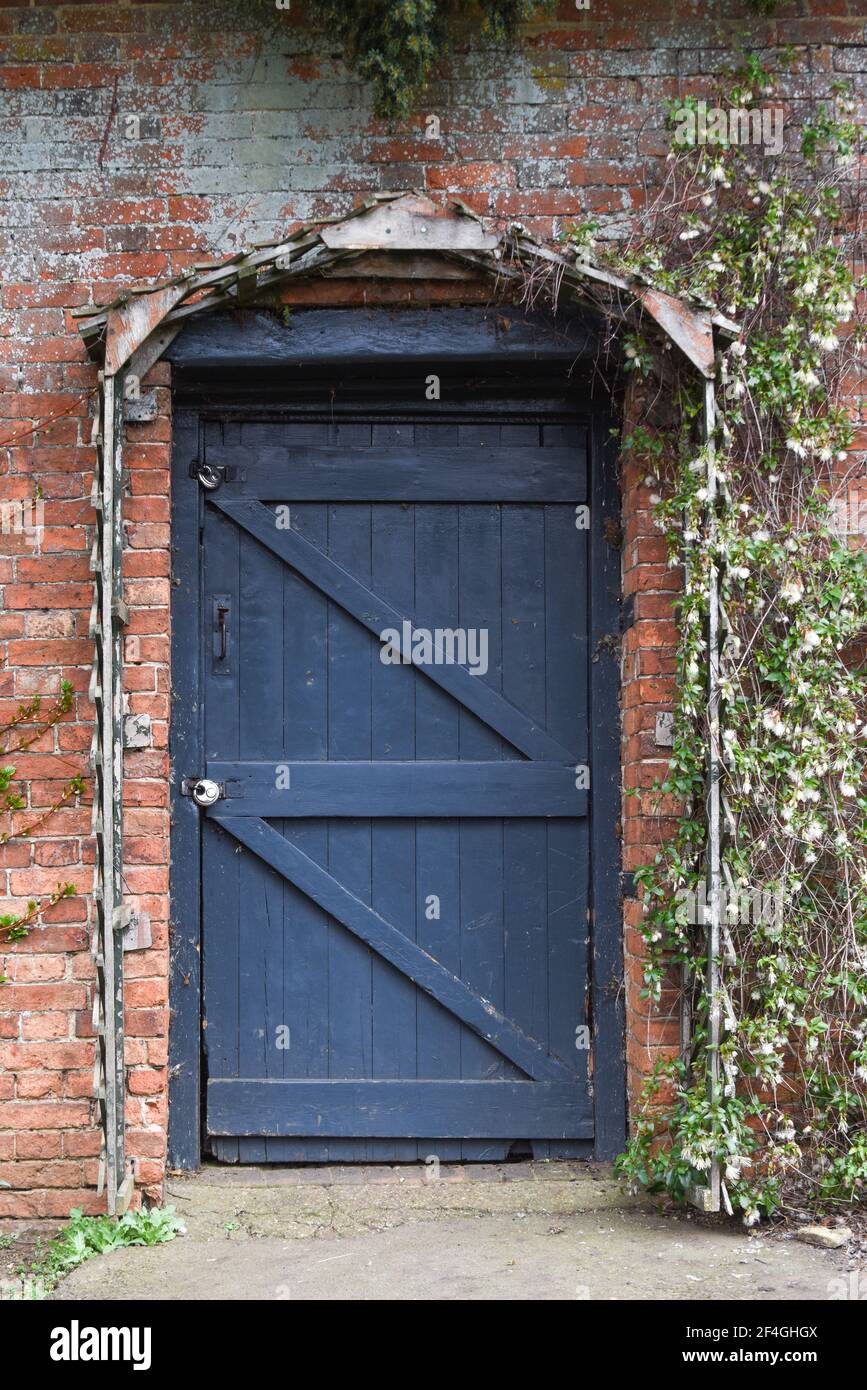 Tür mit Vorhängeschloss in einer alten Gartenmauer mit Schlössern für Sicherheit Stockfoto