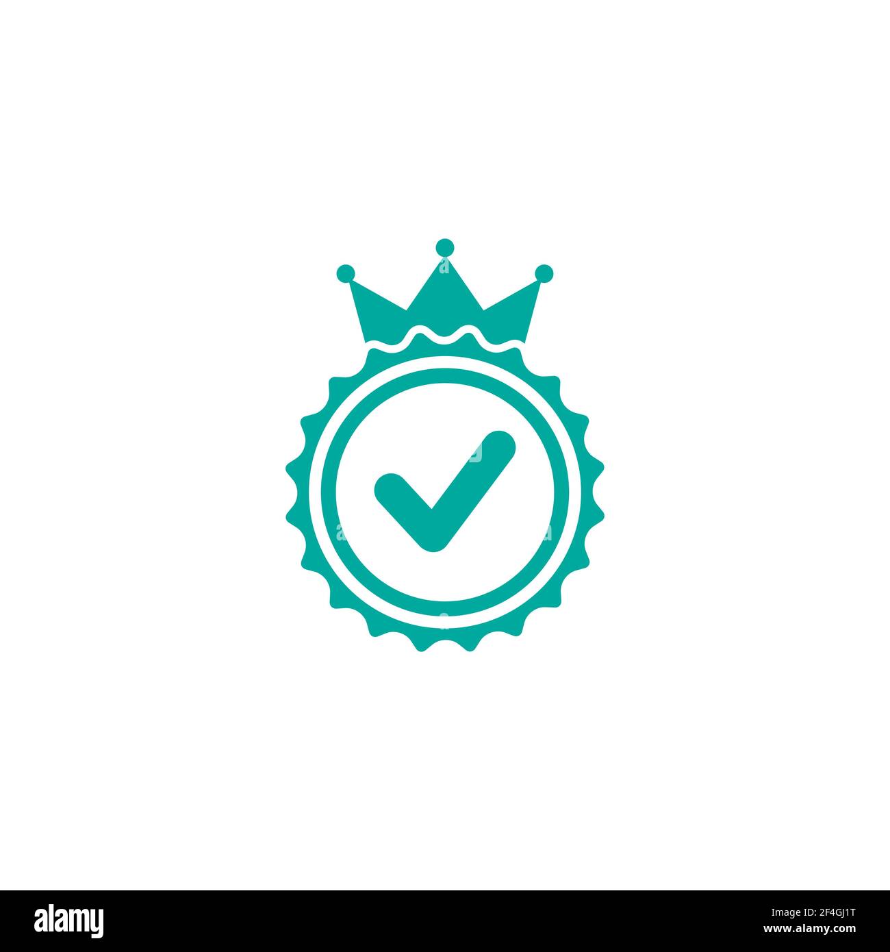 Gültiges Siegelsymbol. Goldener Kreis mit königlicher Krone und Zecke. Sticker-Symbol „flach OK“. Isoliert auf Weiß. Schaltfläche Akzeptieren. Bestes Produktetikett, Gütezeichen Stock Vektor