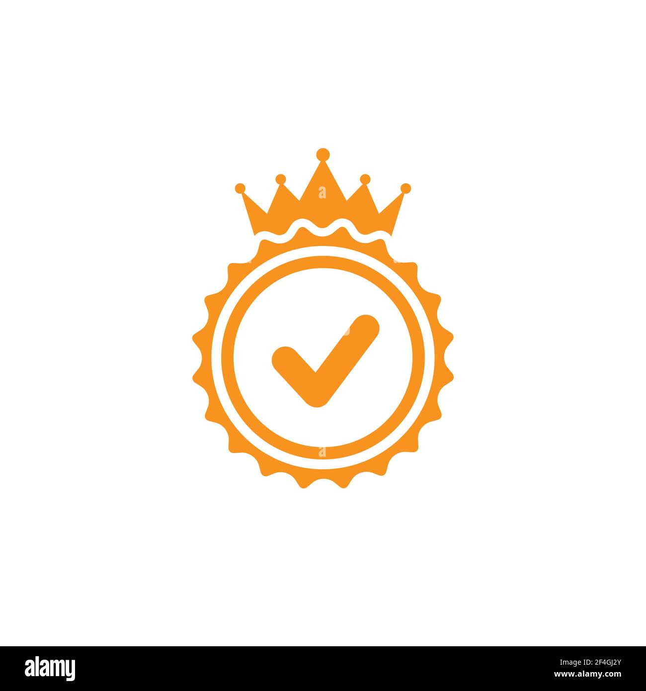 Gültiges Siegelsymbol. Goldener Kreis mit königlicher Krone und Zecke. Sticker-Symbol „flach OK“. Isoliert auf Weiß. Schaltfläche Akzeptieren. Bestes Produktetikett, Gütezeichen Stock Vektor