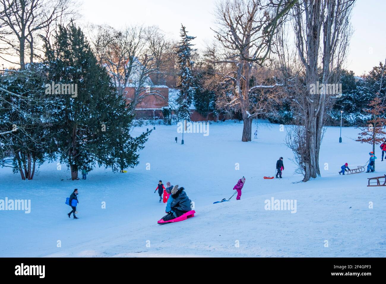 Menschen auf Schlitten im Winter, Letna Park, Prag, Tschechische Republik Stockfoto