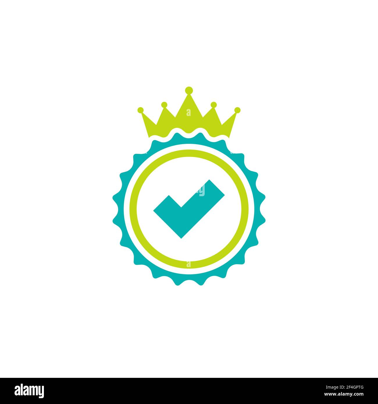 Gültiges Siegelsymbol. Goldener Kreis mit königlicher Krone und Zecke. Sticker-Symbol „flach OK“. Isoliert auf Weiß. Schaltfläche Akzeptieren. Bestes Produktetikett, Gütezeichen Stock Vektor