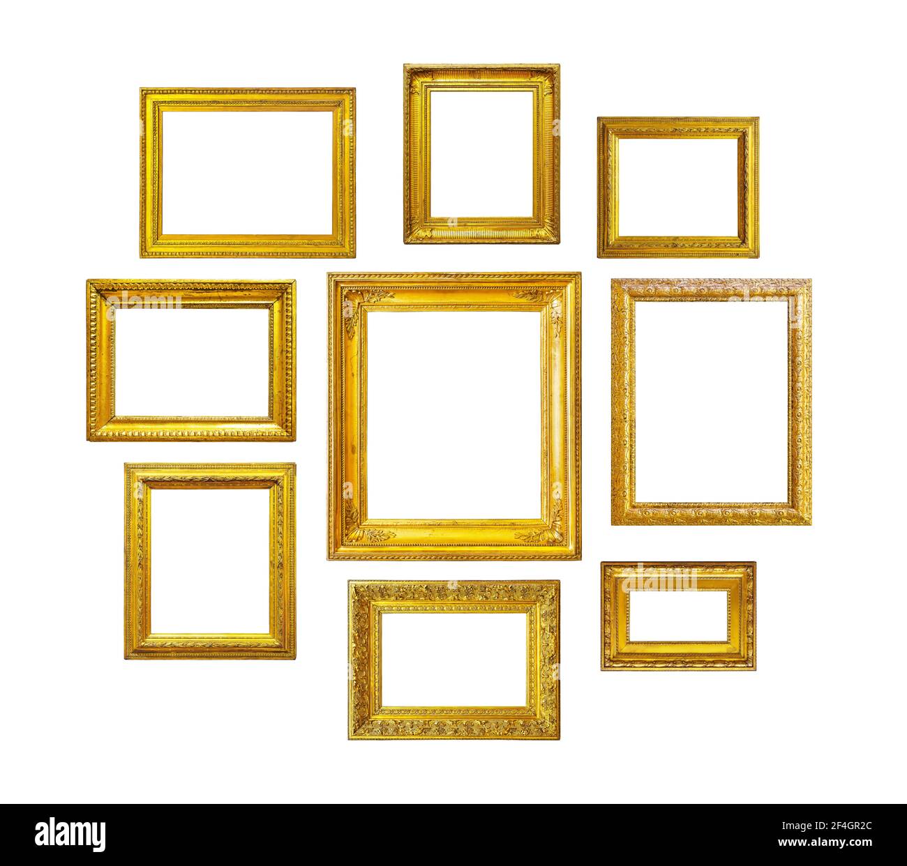Goldene Vintage-Rahmen auf weißem Hintergrund. Set von goldenen Rahmen für Gemälde, Spiegel oder Foto isoliert auf weißem Hintergrund. Stockfoto