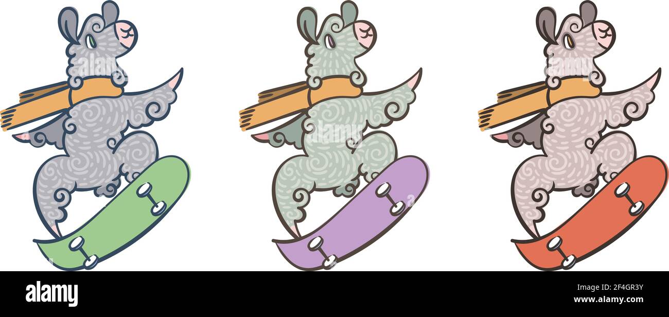 Set aus einem niedlichen, lockigen Lamas reitet ein Skateboard. Ilustration in verschiedenen Farben für Malvorlagen, Drucke für Kinder und Erwachsene, Sport, hea Stock Vektor