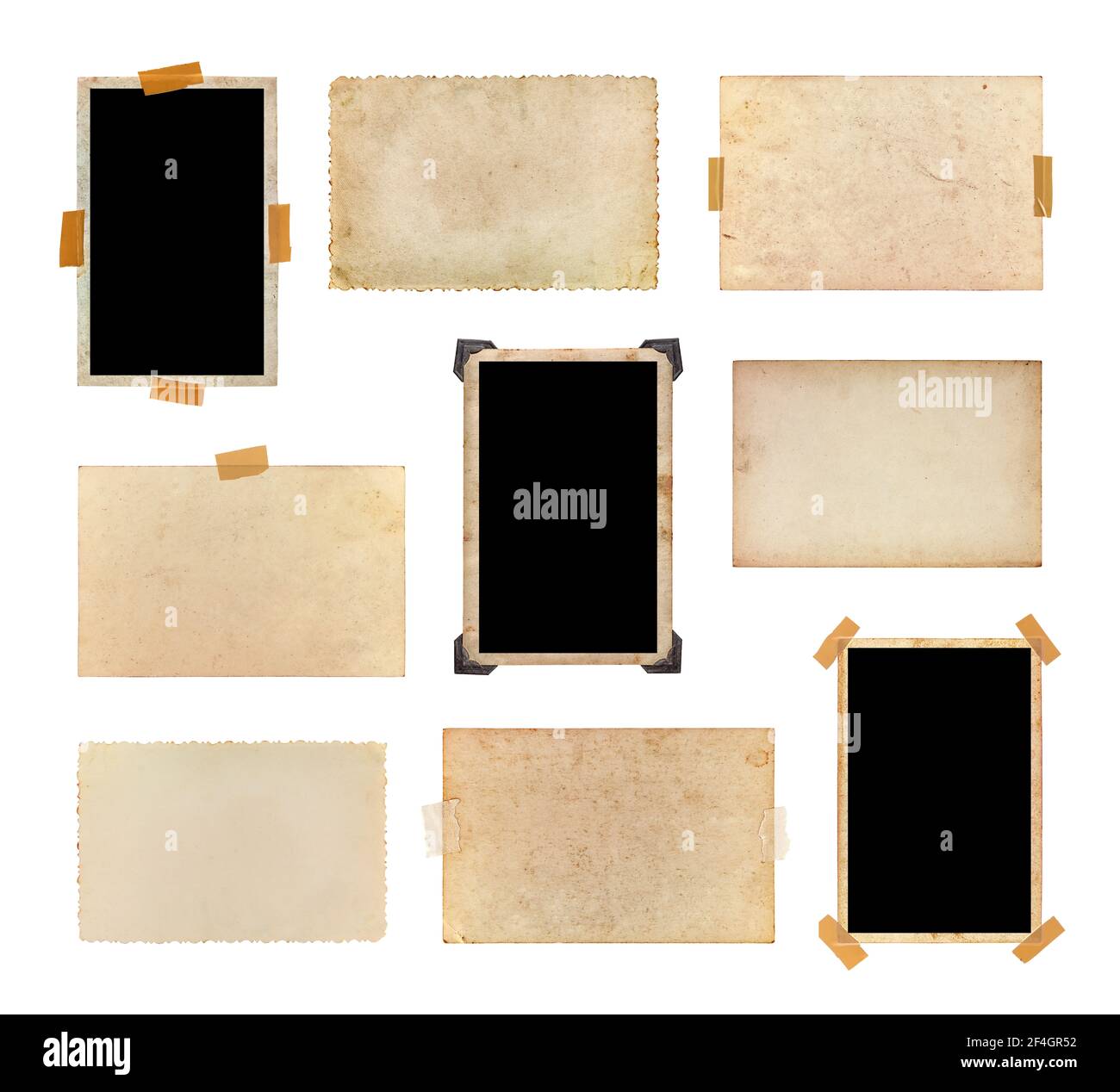 Satz von Vintage-Fotos auf weißem Hintergrund isoliert. Sammlung von alten Fotos, jedes einzelne ist separat aufgenommen. Stockfoto