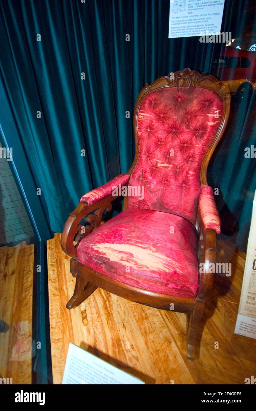 Abraham Lincoln Assination Todesstuhl auf dem Display im Henry Ford Museum in Greenfield Village Dearborn, Michigan Stockfoto
