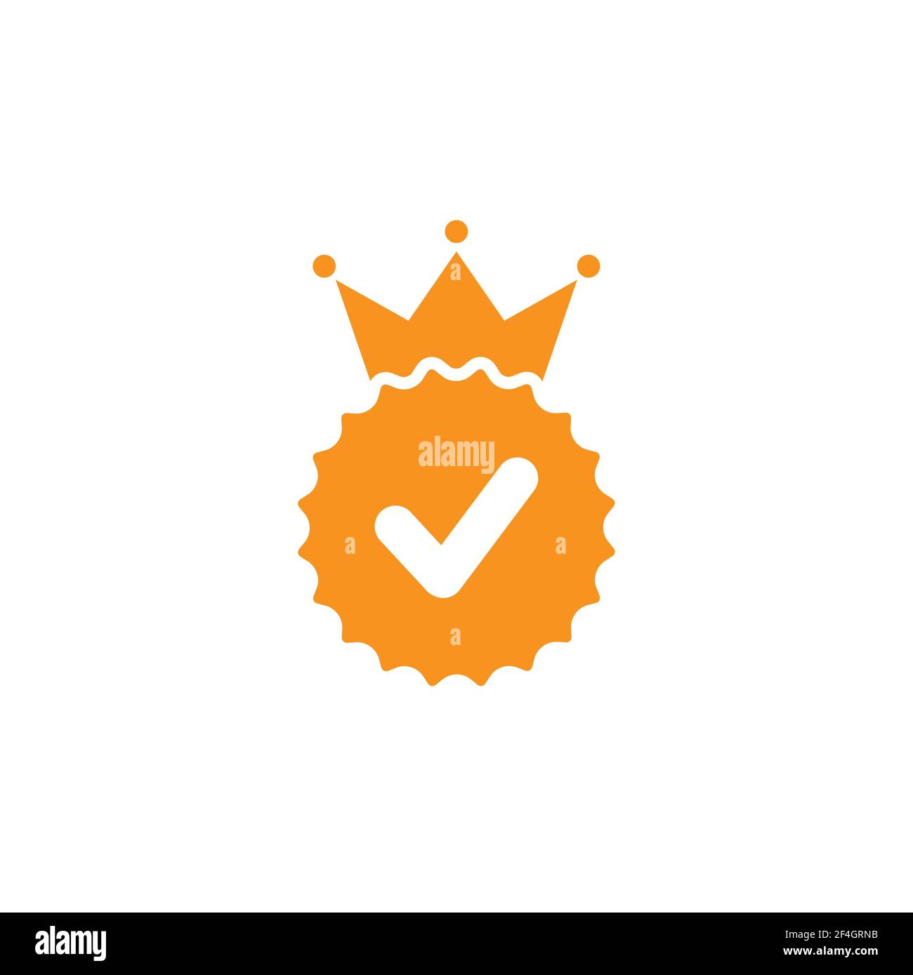 Gültiges Siegelsymbol. Goldener Kreis mit königlicher Krone und Zecke. Sticker-Symbol „flach OK“. Isoliert auf Weiß. Schaltfläche Akzeptieren. Bestes Produktetikett, Gütezeichen Stock Vektor