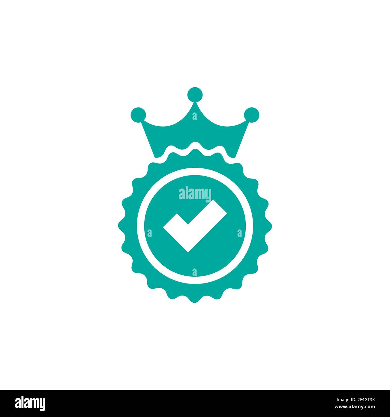 Gültiges Siegelsymbol. Goldener Kreis mit königlicher Krone und Zecke. Sticker-Symbol „flach OK“. Isoliert auf Weiß. Schaltfläche Akzeptieren. Bestes Produktetikett, Gütezeichen Stock Vektor