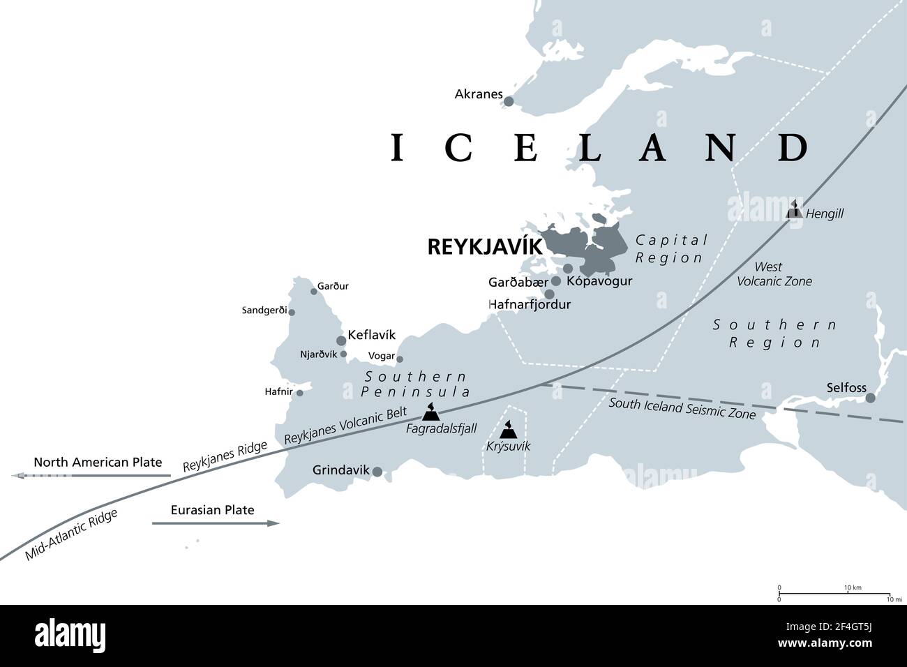 Geologie der Hauptstadtregion und der Südhalbinsel Islands, graue politische Landkarte. Reykjavik und Umgebung, mit Reykjanes Peninsula. Stockfoto
