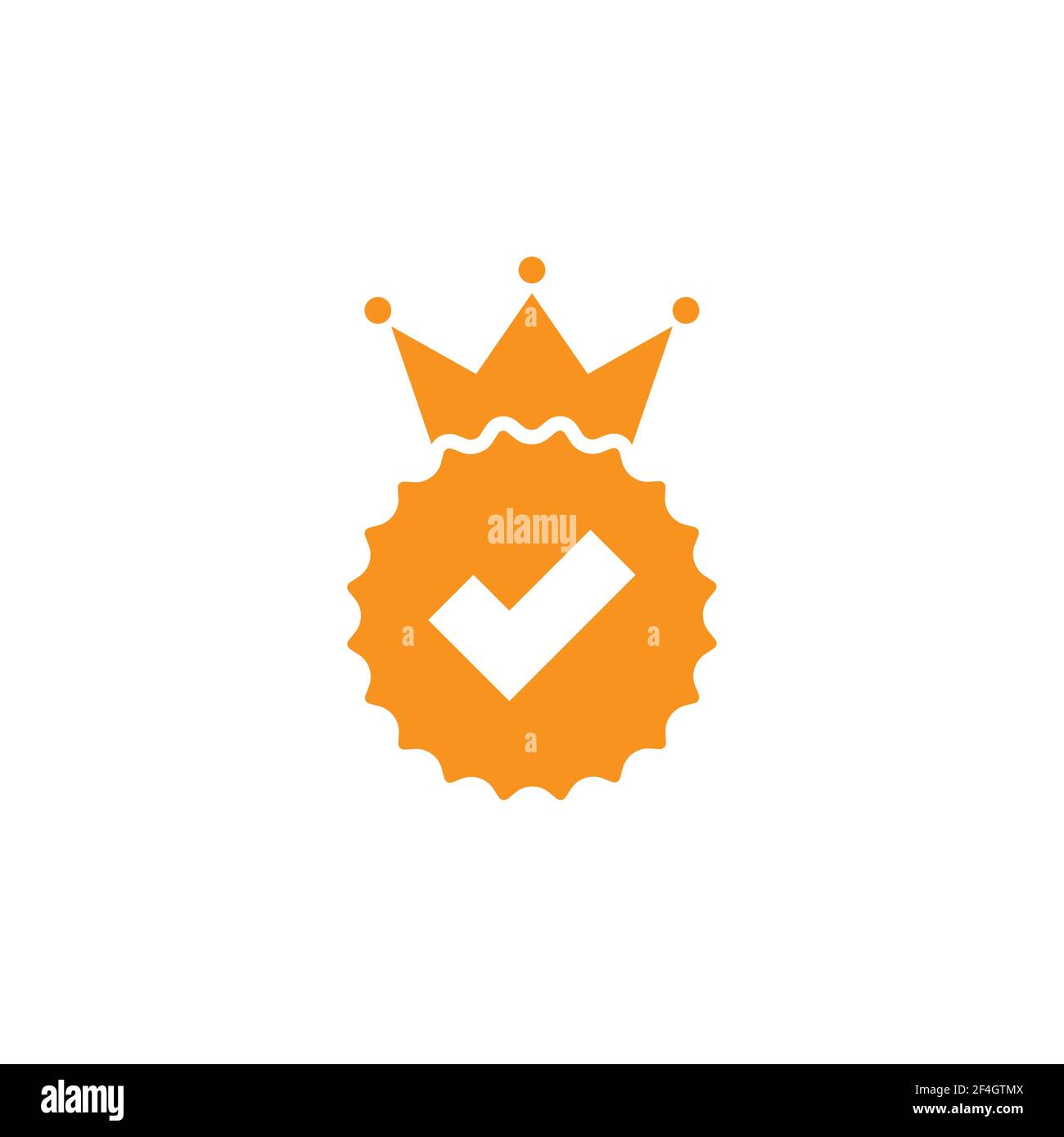 Gültiges Siegelsymbol. Goldener Kreis mit königlicher Krone und Zecke. Sticker-Symbol „flach OK“. Isoliert auf Weiß. Schaltfläche Akzeptieren. Bestes Produktetikett, Gütezeichen Stock Vektor