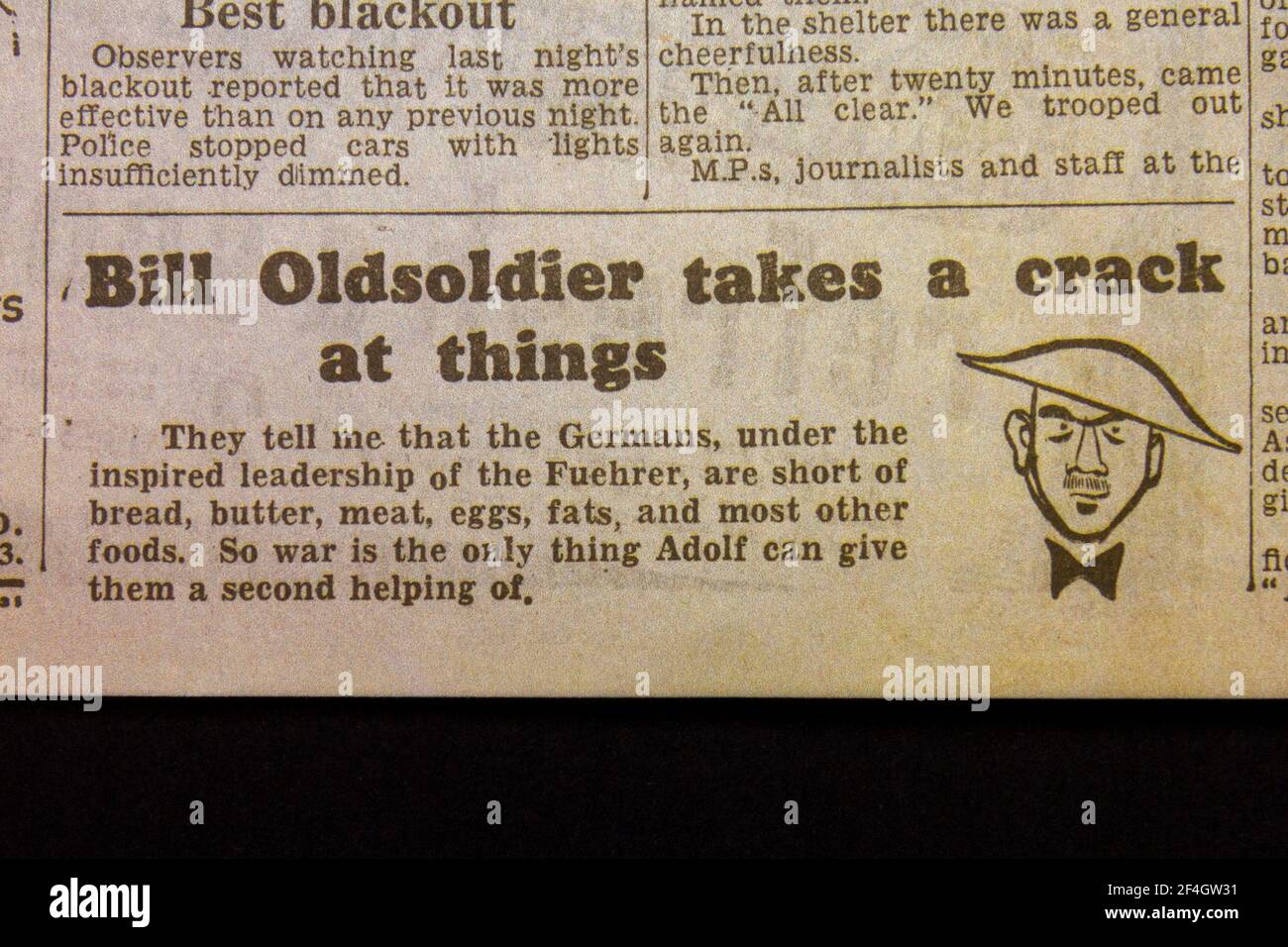 Bill Oldsoldier macht einen Riss bei den Dingen in The Daily Express (Replik), 4. September 1939, dem Tag nach der Erklärung des Zweiten Weltkriegs. Stockfoto