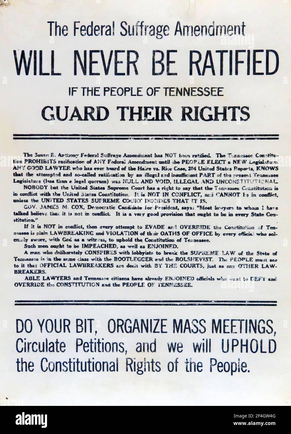 Tennessee Broadside behauptet, dass "die Federal Suffrage Amendment" war verfassungswidrig und "wird nie ratifiziert werden", gedruckt für den amerikanischen Markt, 1920. Fotografie von Emilia van Beugen. () Stockfoto