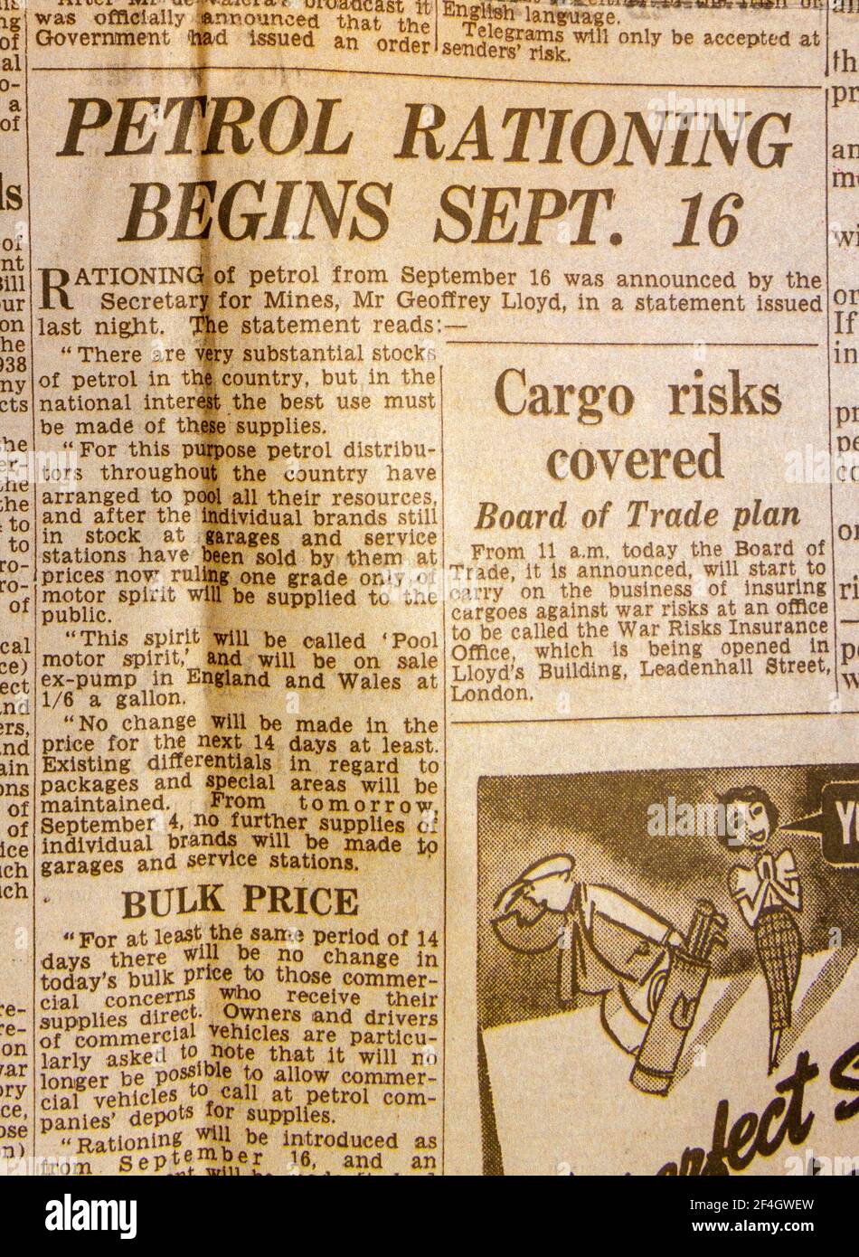 „die Benzinrationierung beginnt am 16. September“, titelt der Daily Express (Replik) am 4. September 1939, dem Tag nach der Erklärung des Zweiten Weltkriegs. Stockfoto