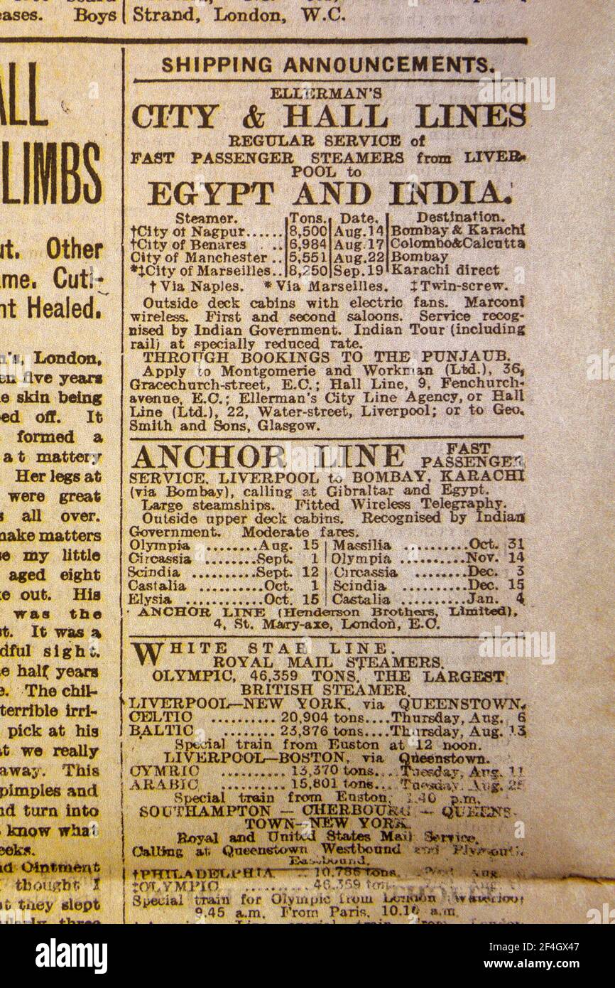 Spalte „Versandankündigungen“ über Passagierdienste nach Ägypten, Indien in der Tageszeitung Daily News & Reader am 5. August 1914. Stockfoto