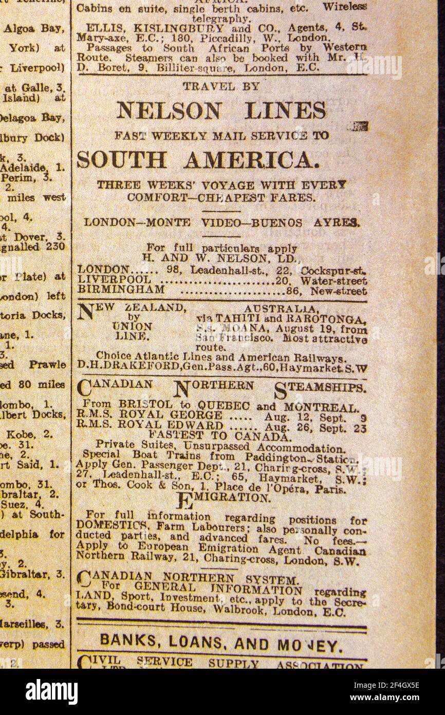 Spalte „Versandankündigungen“ auf den Passagierstrecken nach Südamerika in der Tageszeitung Daily News & Reader vom 5. August 1914. Stockfoto