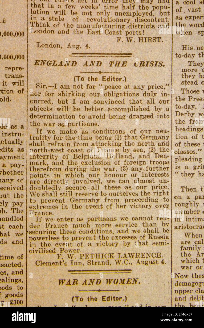 „England und die Krise“ Brief an die Redaktion Schlagzeile: Großbritannien sollte es vermeiden, in den Krieg gezogen zu werden, Daily News & Reader Zeitung am 5. August 1914. Stockfoto