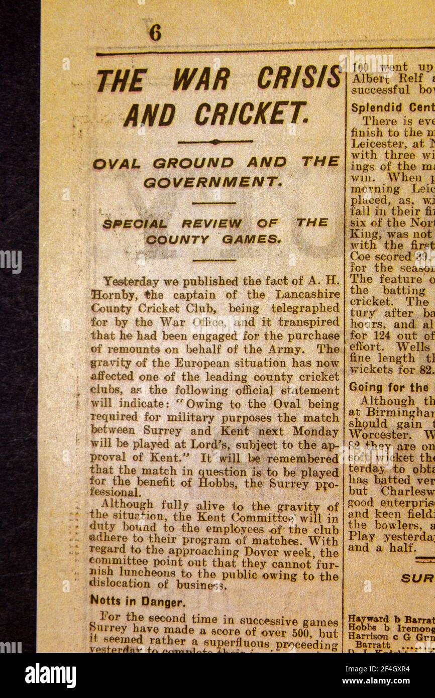 „die Kriegskrise und das Cricket“-Schlagzeile über den Oval Ground, der am 5. August 1914 von der Zeitung „Government, Daily News & Reader“ beschlagnahmt wurde. Stockfoto
