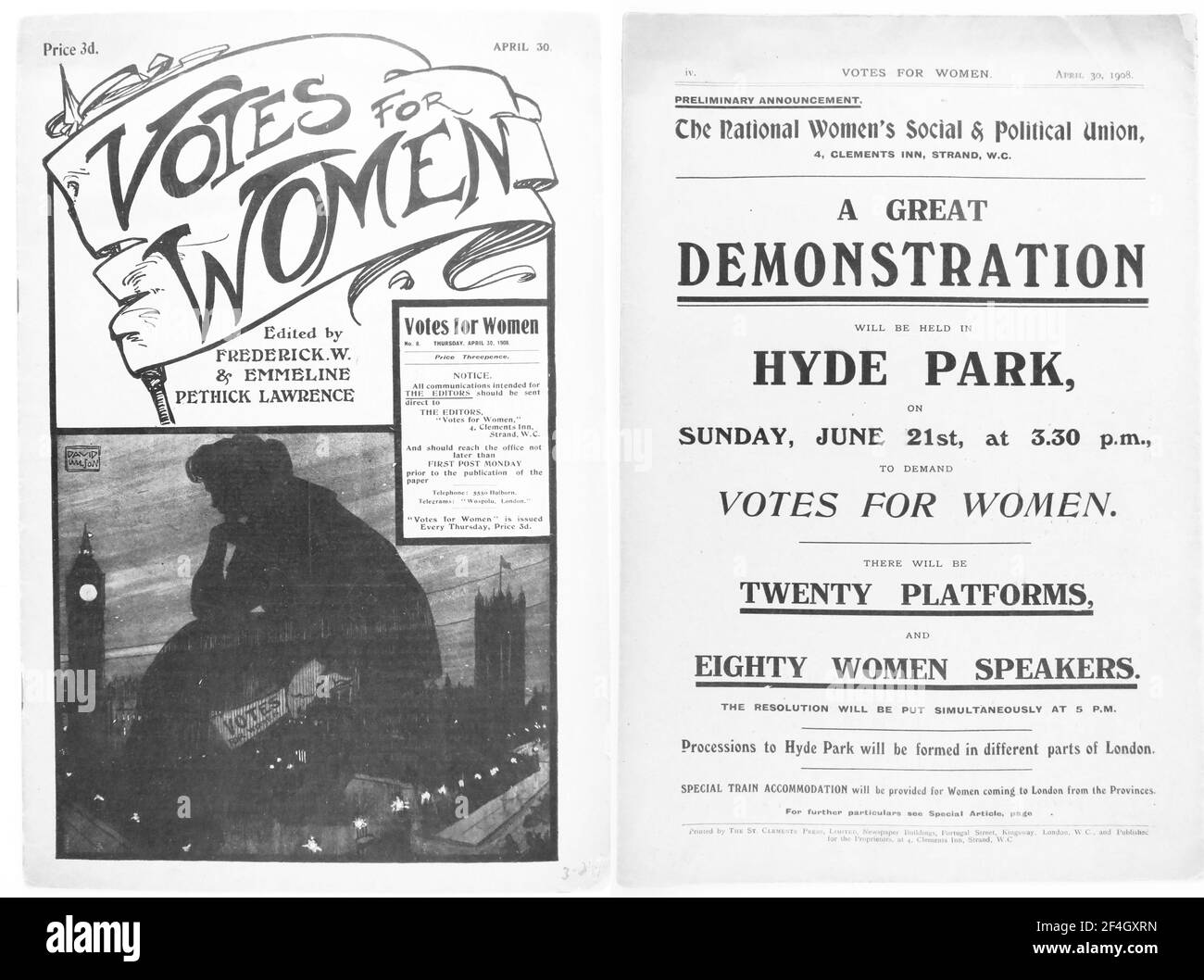 Vorder- und Rückseite des Magazins Women's Social and Political Union (WSPU) mit dem Bild des Künstlers David Wilson "Haunted House" auf der Vorderseite und einer Anzeige für eine Hyde Park Demonstration auf der Rückseite, veröffentlicht im Vereinigten Königreich, 30. April 1908. Fotografie von Emilia van Beugen. () Stockfoto