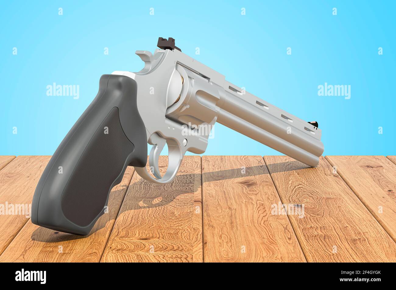 Revolver auf den Holzbohlen, 3D Rendering Stockfoto