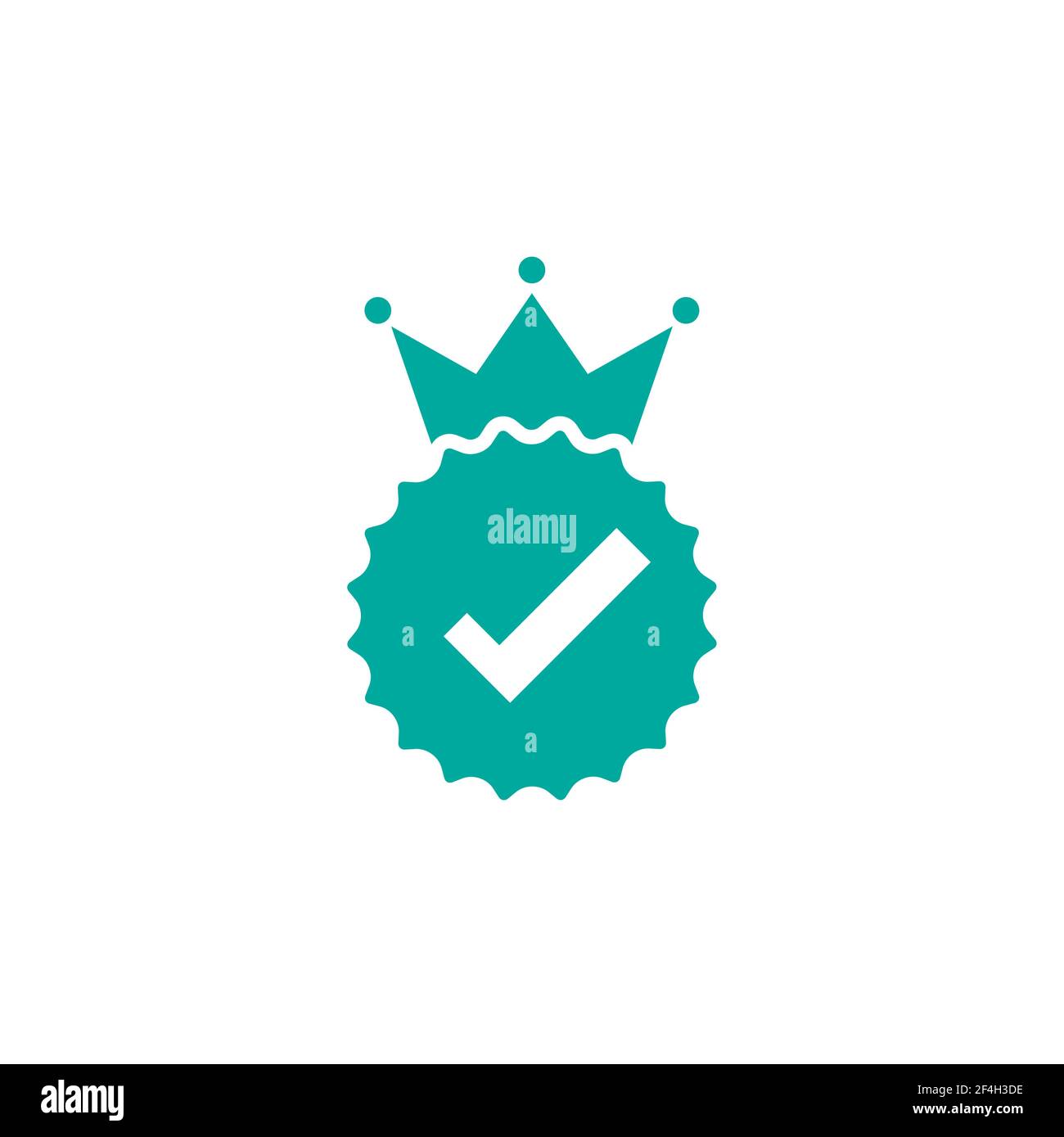 Gültiges Siegelsymbol. Goldener Kreis mit königlicher Krone und Zecke. Sticker-Symbol „flach OK“. Isoliert auf Weiß. Schaltfläche Akzeptieren. Bestes Produktetikett, Gütezeichen Stock Vektor