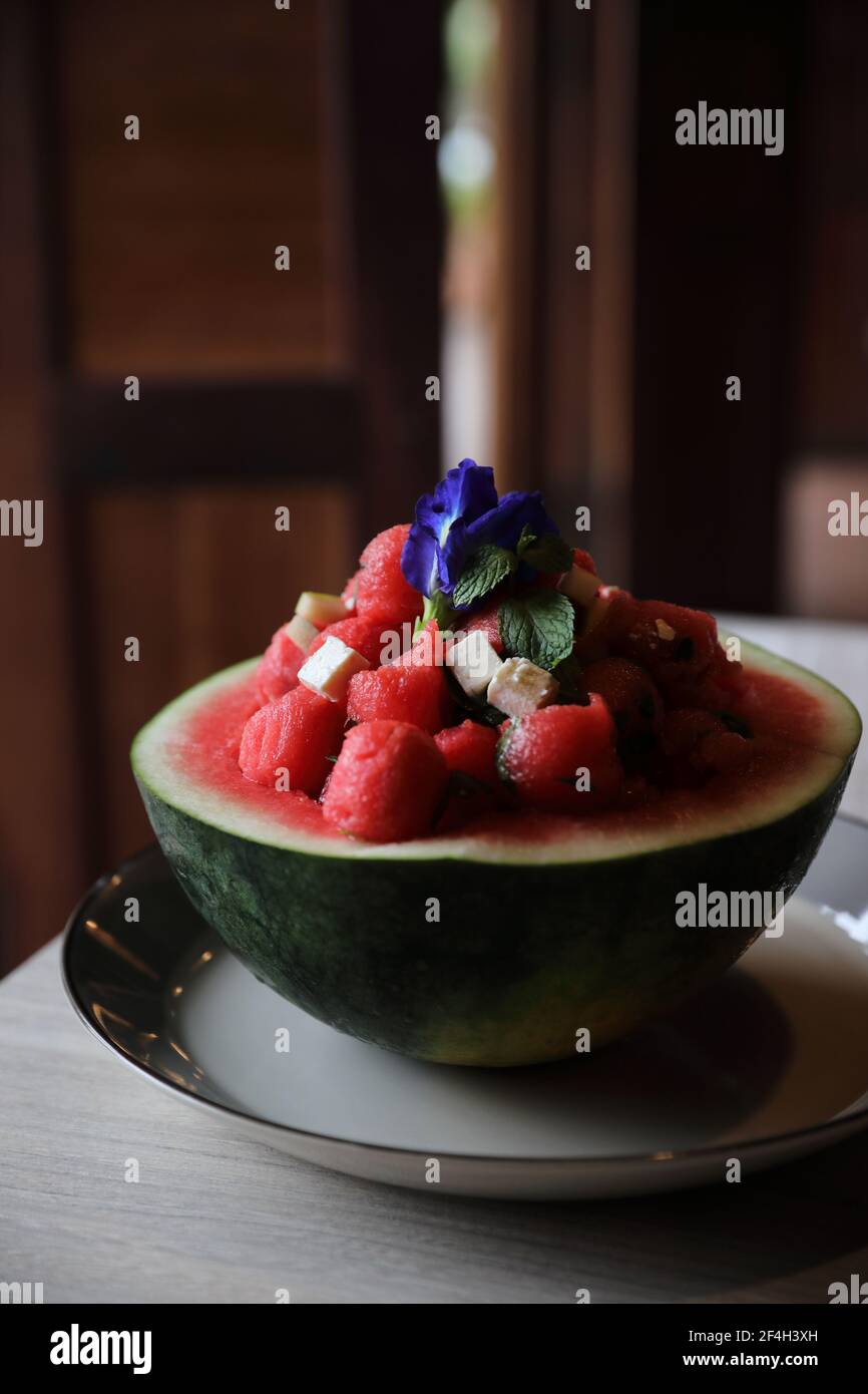 Wassermelone-Salat mit Käse, Dessert-Essen Stockfoto