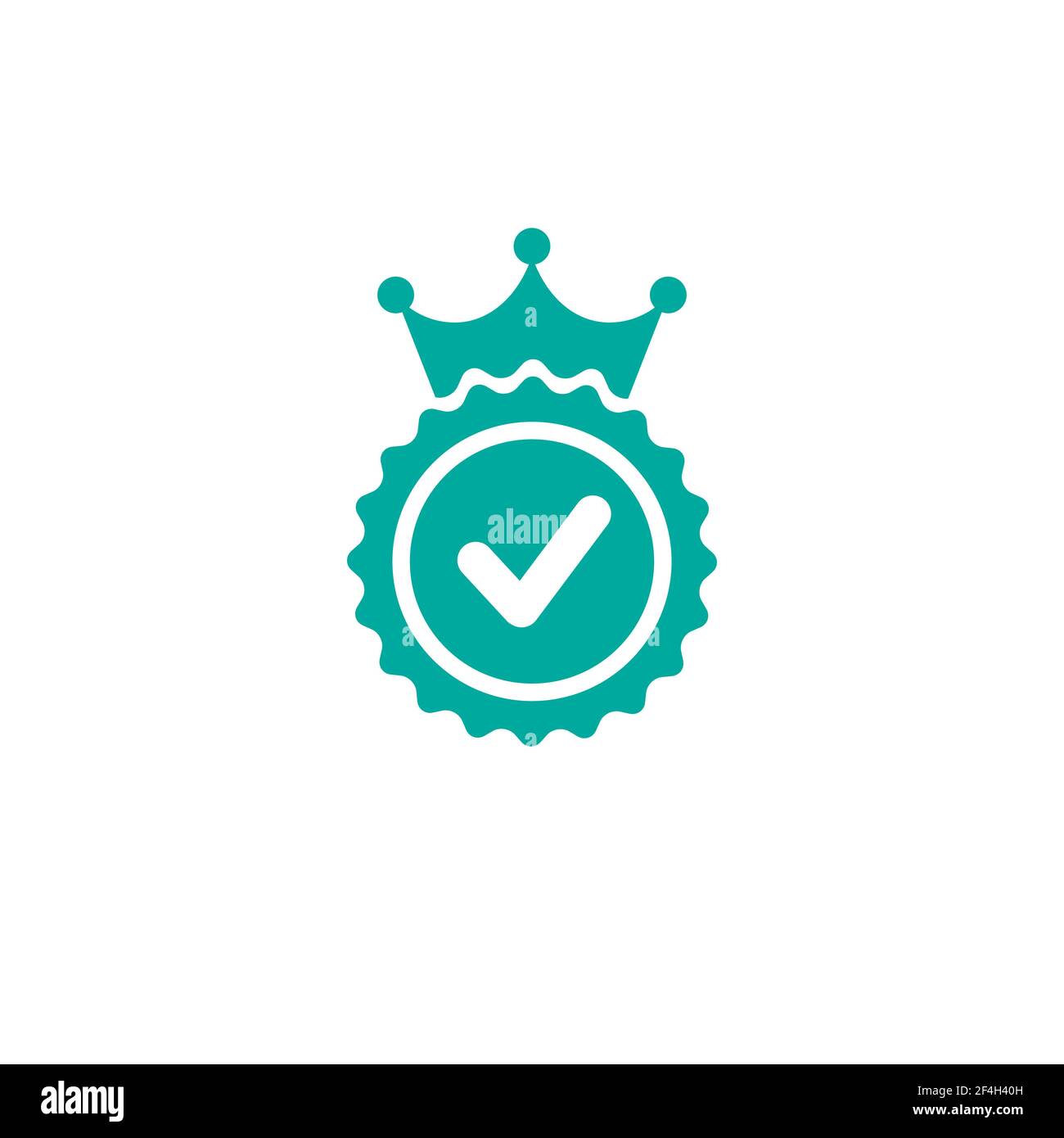 Gültiges Siegelsymbol. Goldener Kreis mit königlicher Krone und Zecke. Sticker-Symbol „flach OK“. Isoliert auf Weiß. Schaltfläche Akzeptieren. Bestes Produktetikett, Gütezeichen Stock Vektor