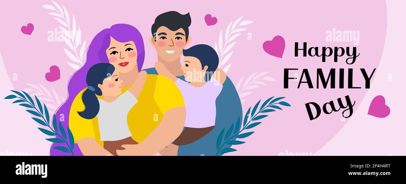 Familientag. Glücklicher internationaler Tag der Familien. Nettes Paar mit Kindern, Vater und Mutter umarmen Kinder mit Liebe. Vektorgrafik Stock Vektor