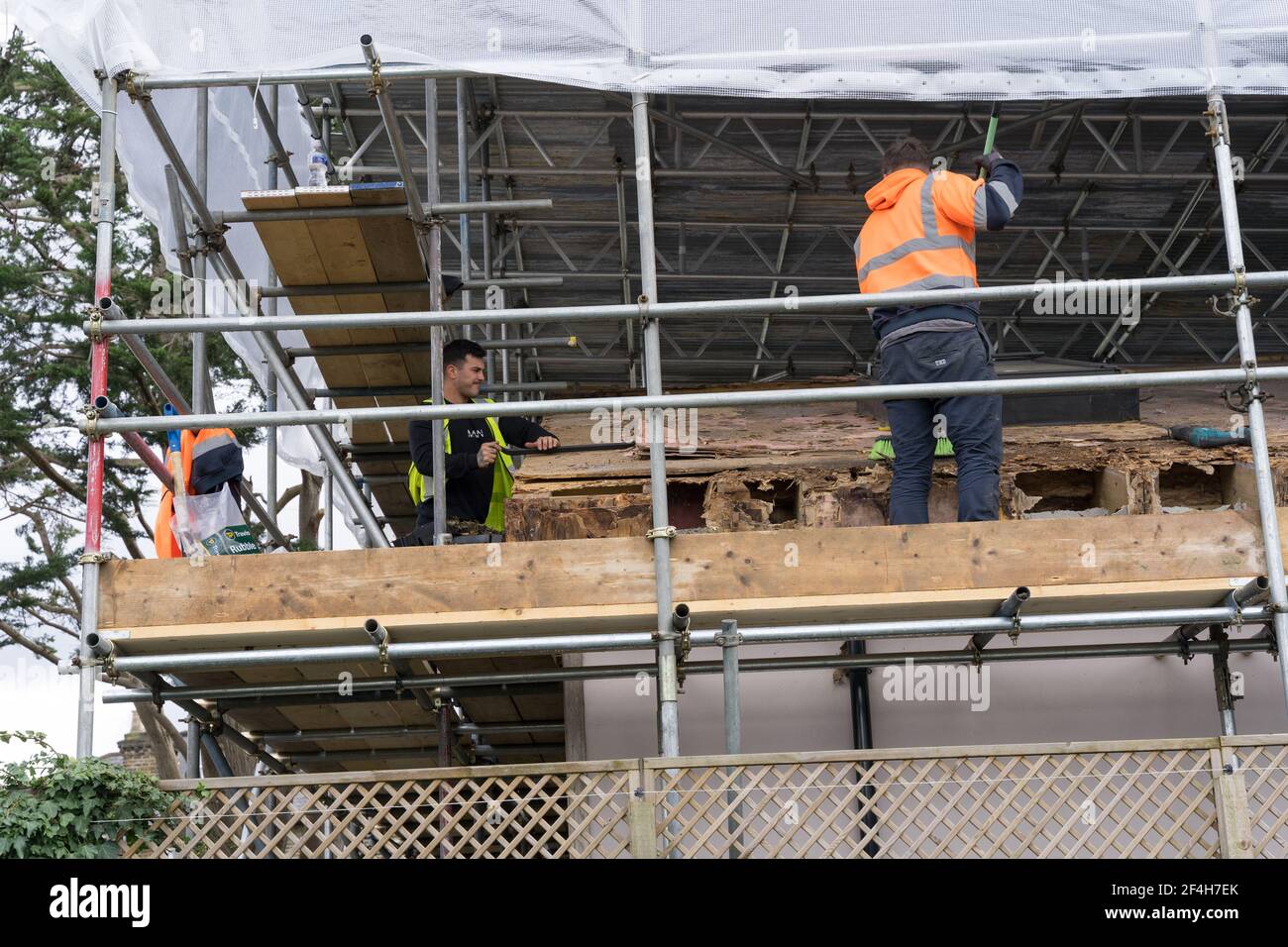 Bauarbeiter, die unter einem kompletten Gerüstdach arbeiten, nehmen die gealterte Dachmembran ab, England Stockfoto
