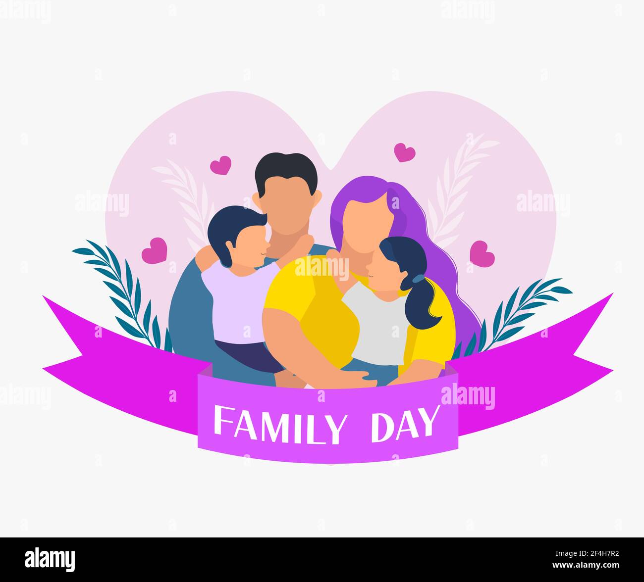 Familientag. Glücklicher internationaler Tag der Familien. Nettes Paar mit Kindern, Vater und Mutter umarmen Kinder mit Liebe. Vektorgrafik Stock Vektor