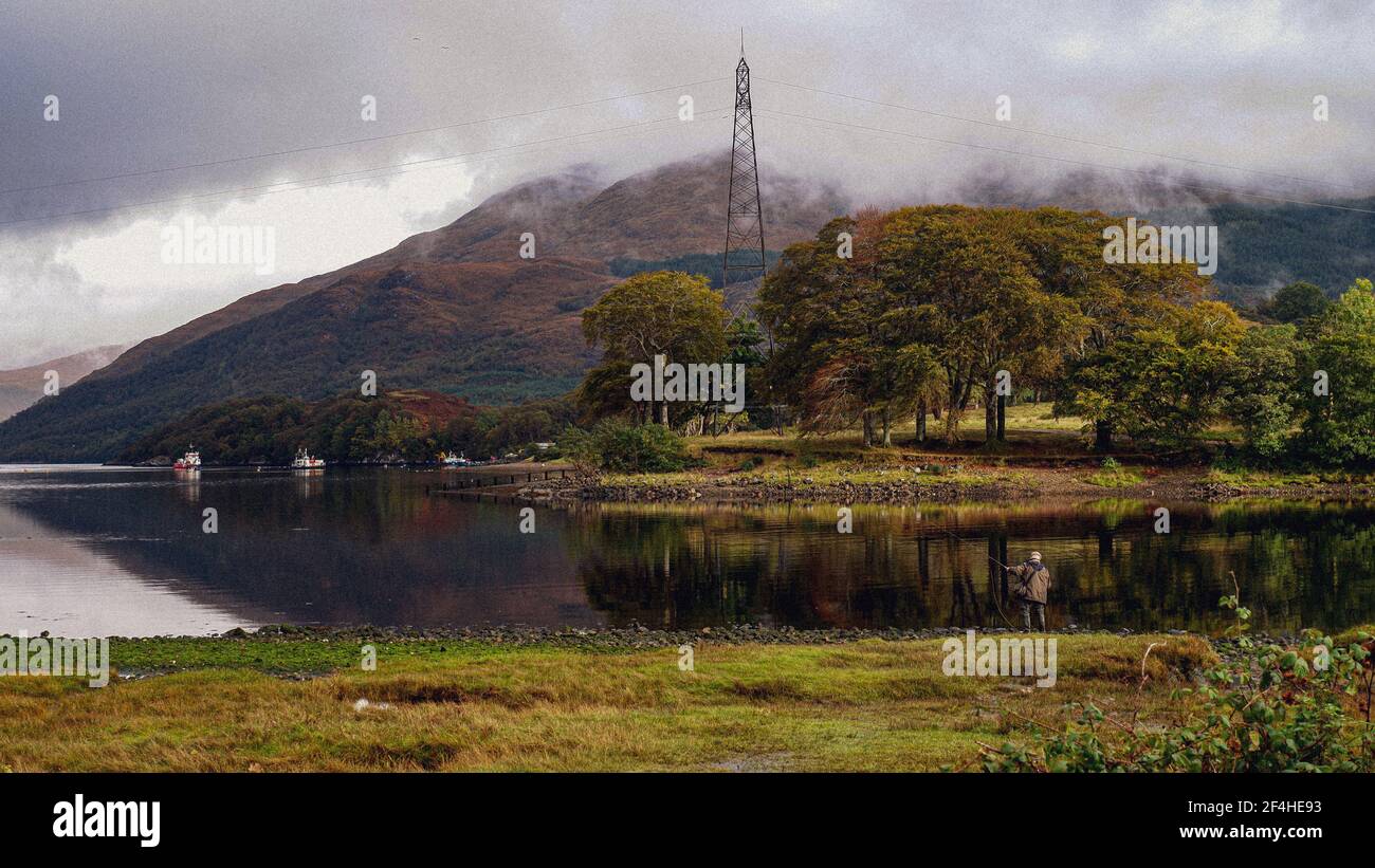 Loch Etive Fly Fishing Location, Westküste Schottlands mit Ben Cruachan im Hintergrund an einem Herbstnachmittag. Stockfoto