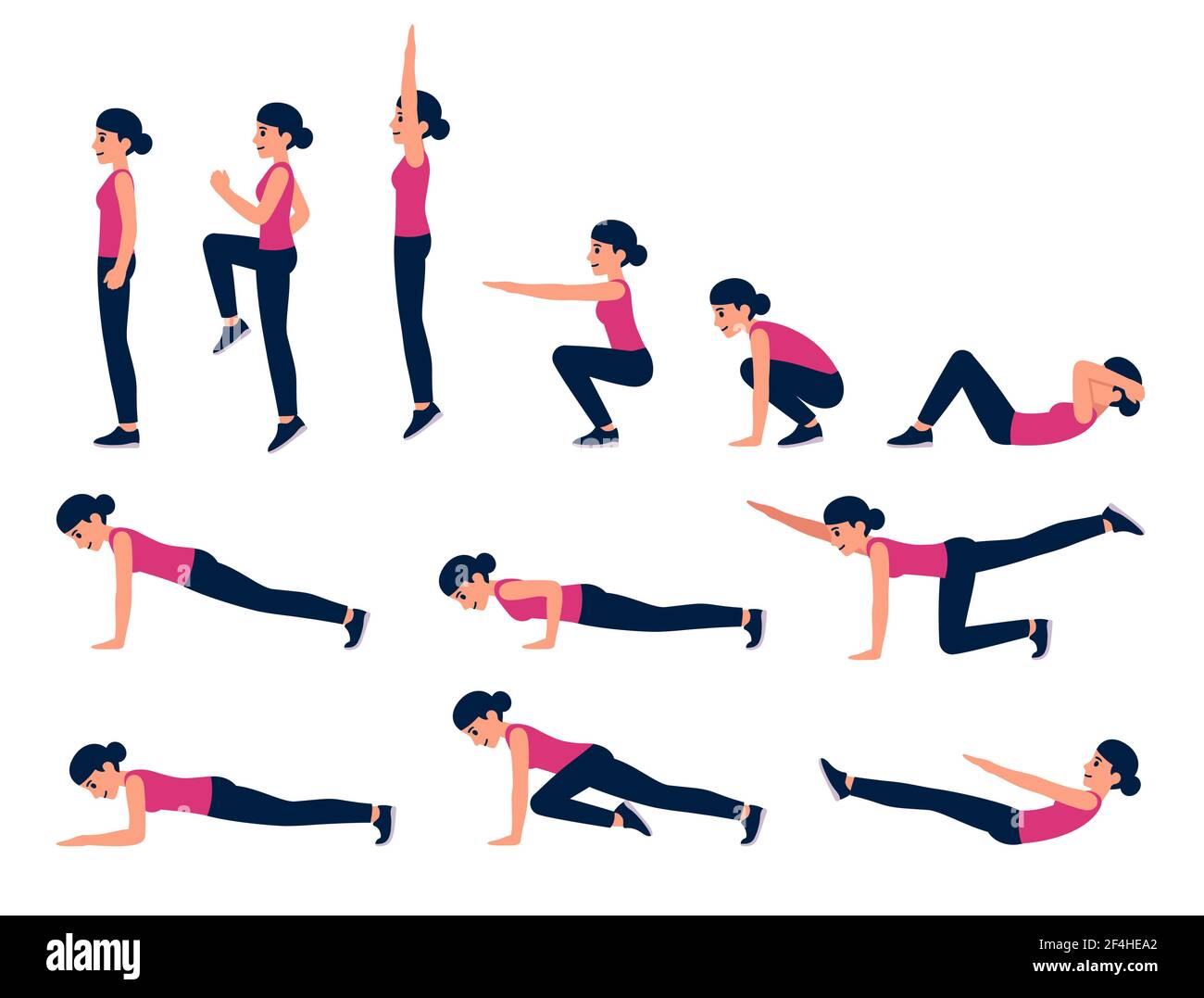 Cartoon Frau Körpergewicht Übung Illustration Set. Fitness-Training für abs, Cardio, HIIT. Isolierte Vektorgrafik Stock Vektor
