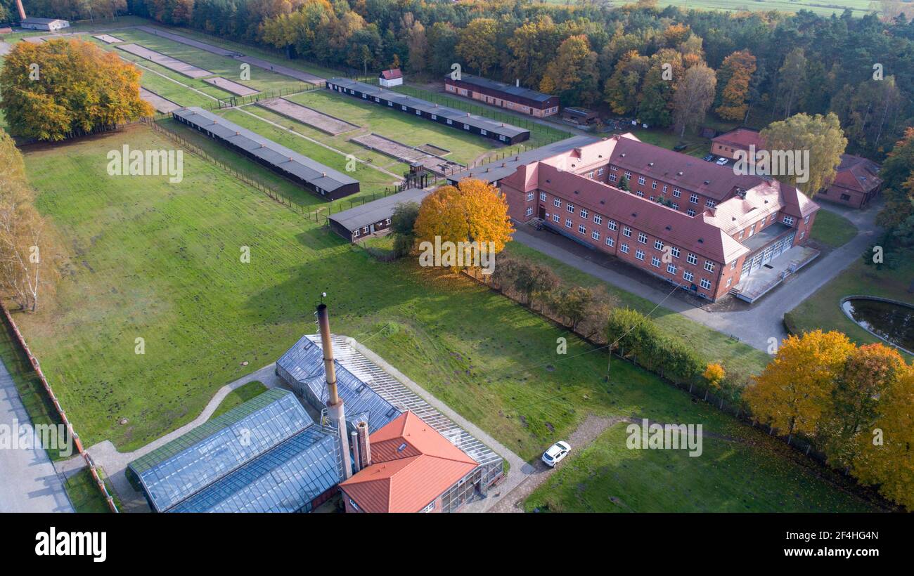 Luftdrohnenaufnahme des Konzentrationslagers Stutthof, Polen Stockfoto