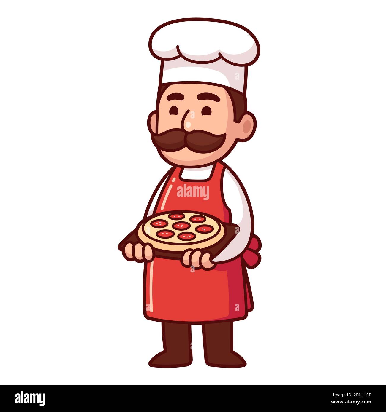 Cute Cartoon italienischen Koch hält Pizza. Lustige Restaurant Charakter, Vektor Clip Art Illustration. Stock Vektor