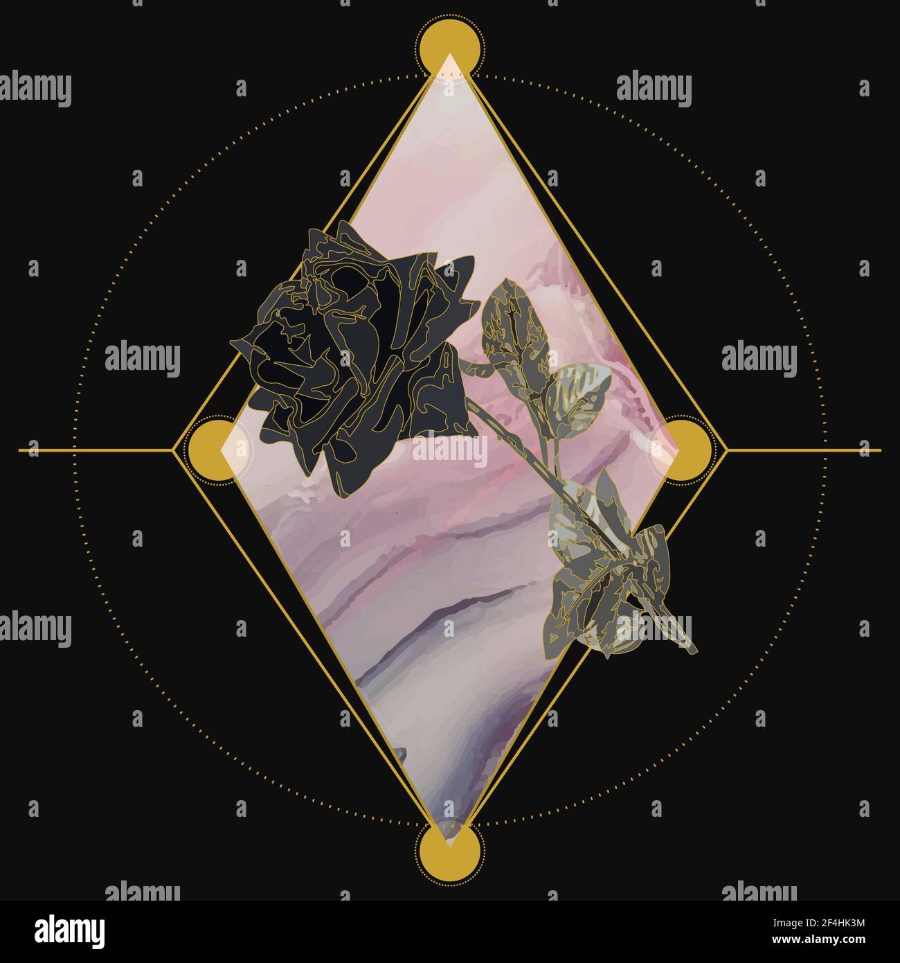 Eine Illustration von Rose auf Diamant Gold geometrischen Designs gegen Schwarzer Hintergrund Stockfoto