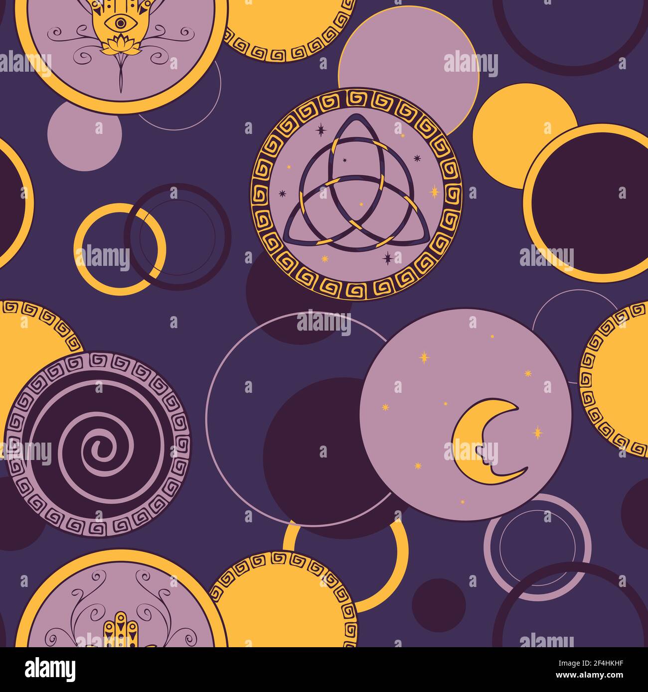 Nahtloses Vektor-Muster mit spirituellem Symbol auf violettem Hintergrund. Triquetra Mond Talisman Tapete Design. Dekorative Hexen Mode Textil. Stock Vektor