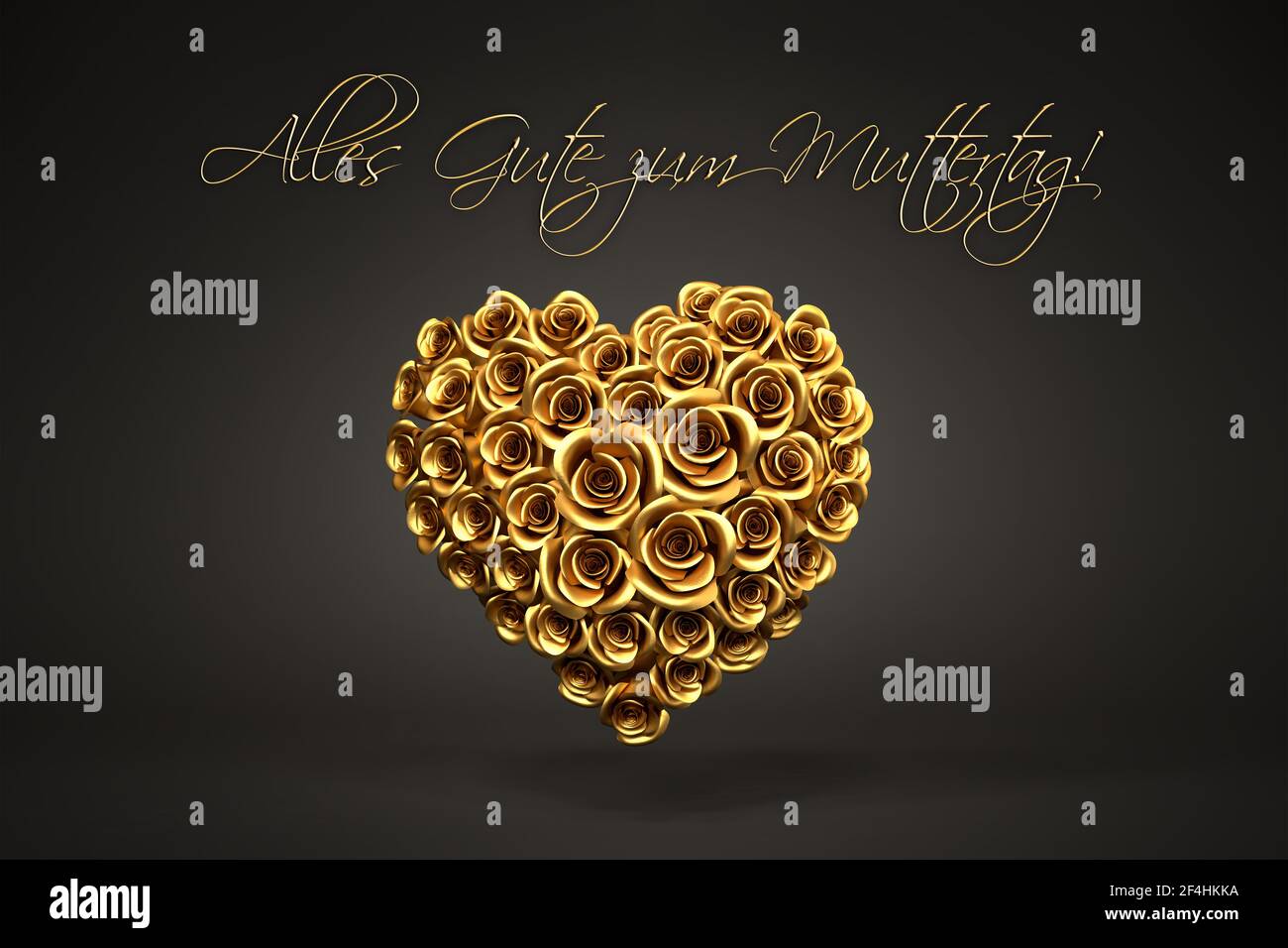 3D Darstellung: Ein Herz aus goldenen Rosen vor schwarzem Hintergrund und die deutsche Botschaft 'alles gute zum Muttertag' oben. Stockfoto