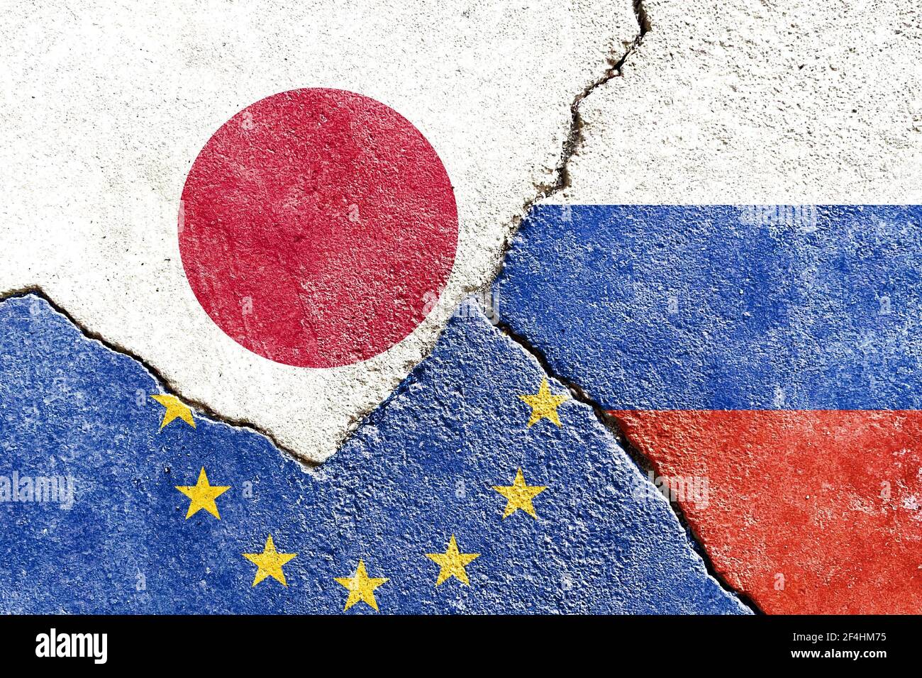 Eine Illustration des politischen Konflikts zwischen Japan-EU-Russland Stockfoto