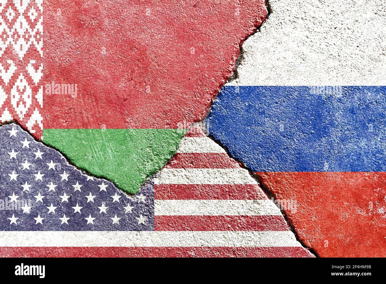 Eine Illustration des politischen Konflikts zwischen Belarus-USA-Russland Stockfoto