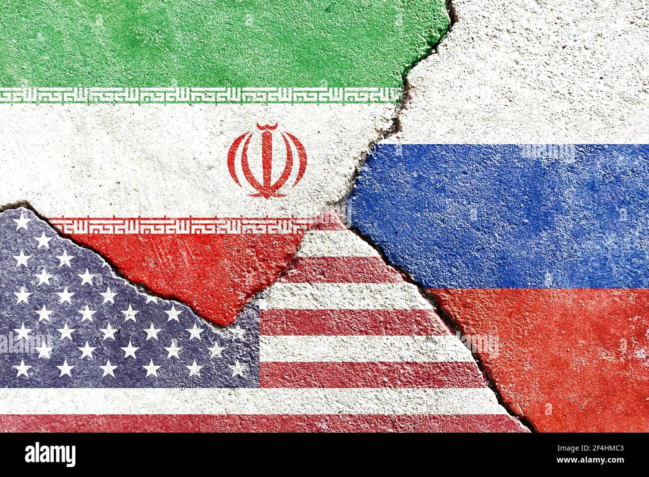 Eine Illustration des politischen Konflikts zwischen Iran-USA-Russland Stockfoto